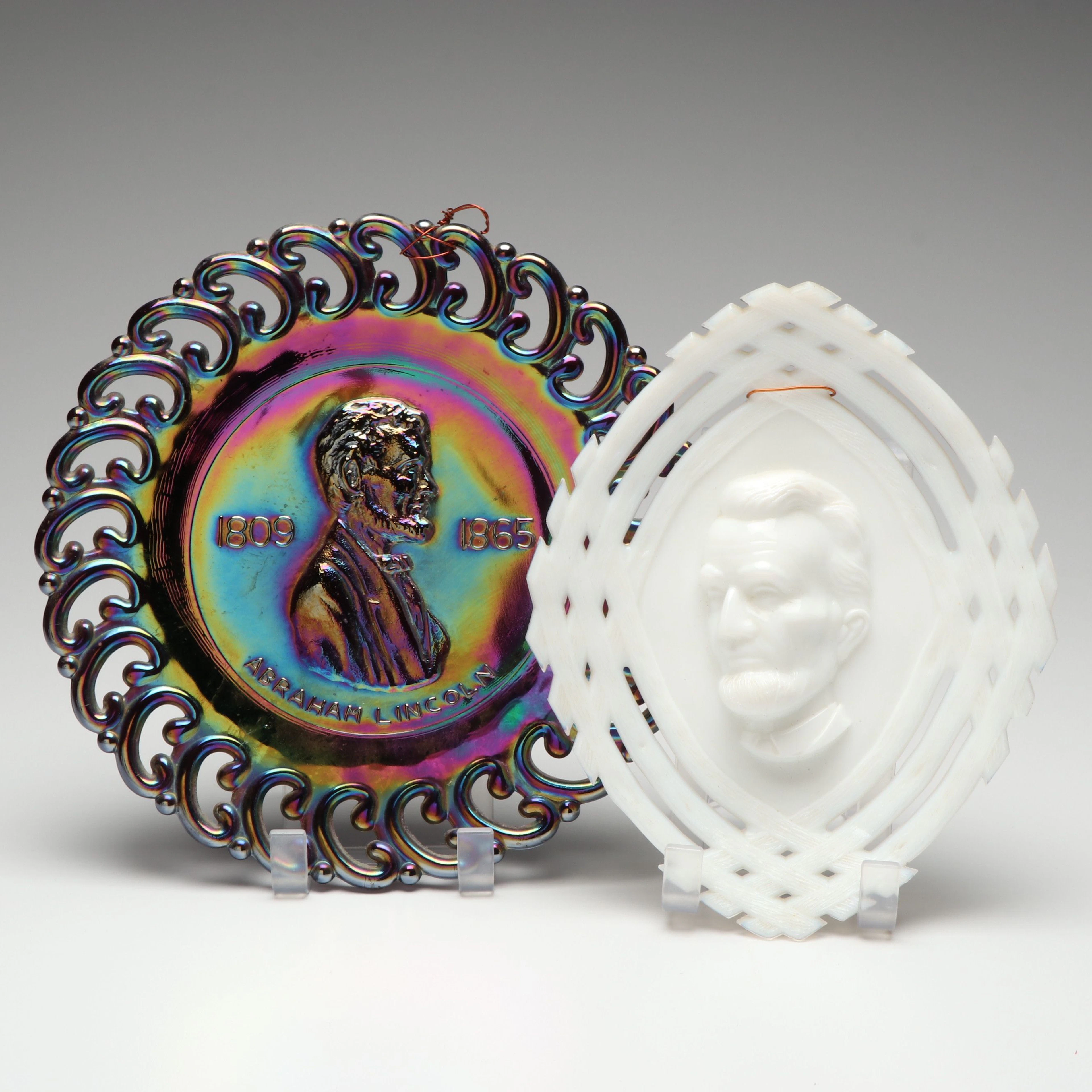 L. E. Smith Carnival Glass with Opalescent Abraham Lincoln Wall Plates