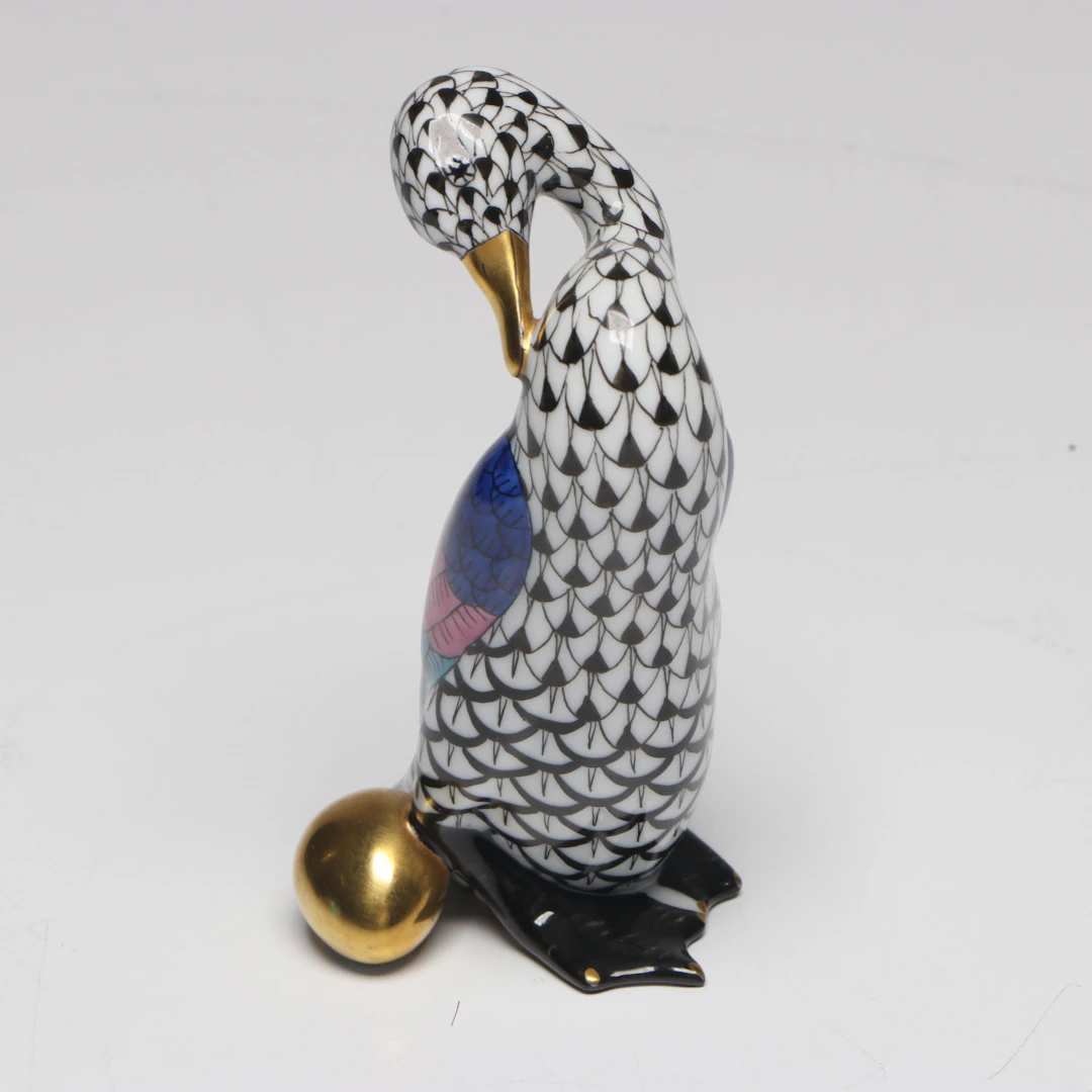 Herend Black Fishnet with Gold "Goose with Golden Egg" Porcelain Figure