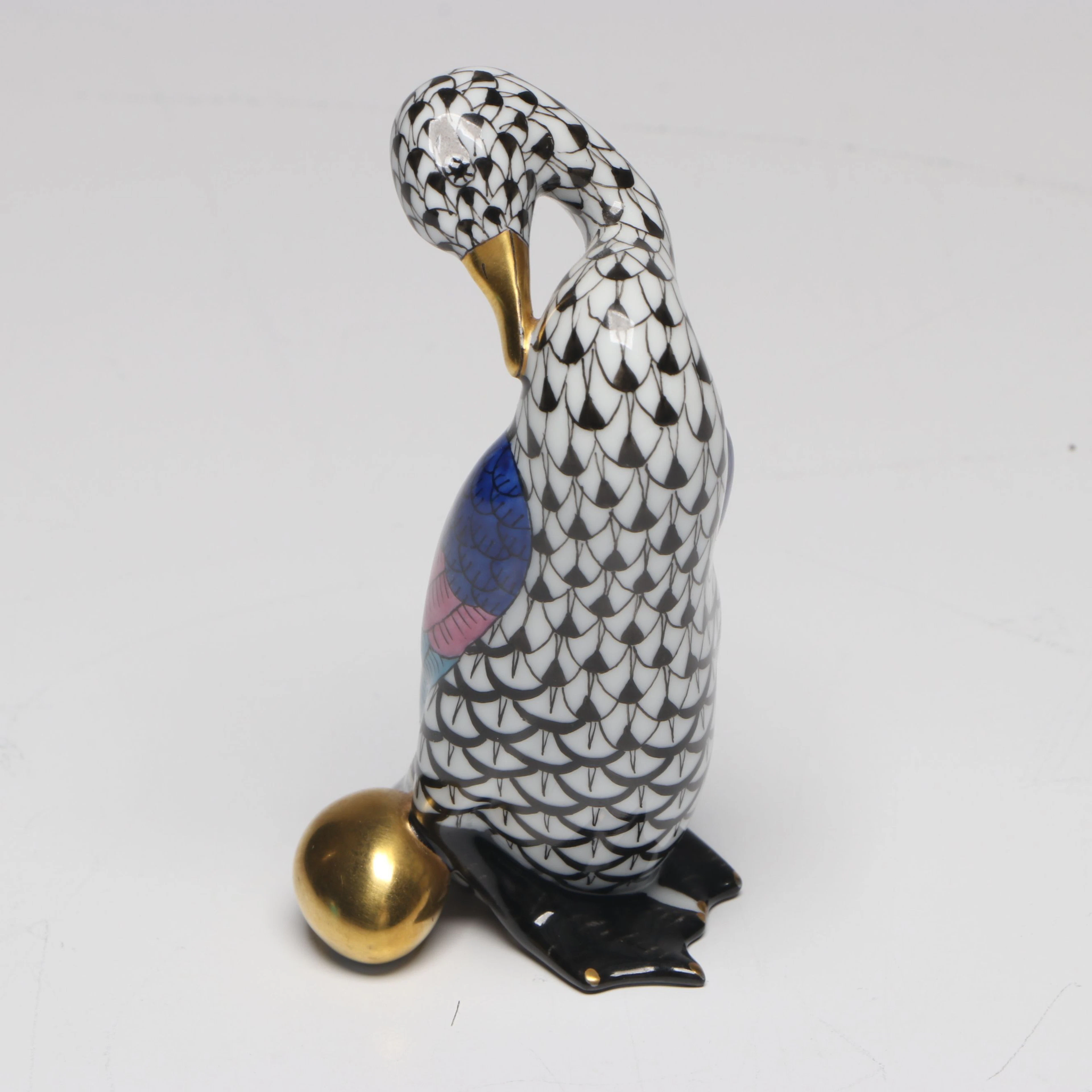 Herend Black Fishnet with Gold "Goose with Golden Egg" Porcelain Figure