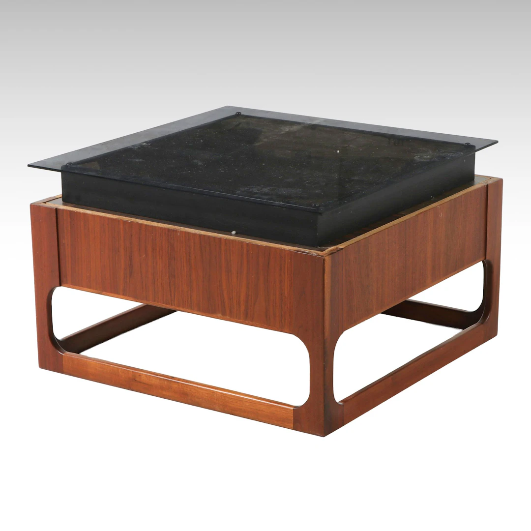 Mid Century Modern Teak and Smoked Glass Square Coffee Table, Mid-20th Century