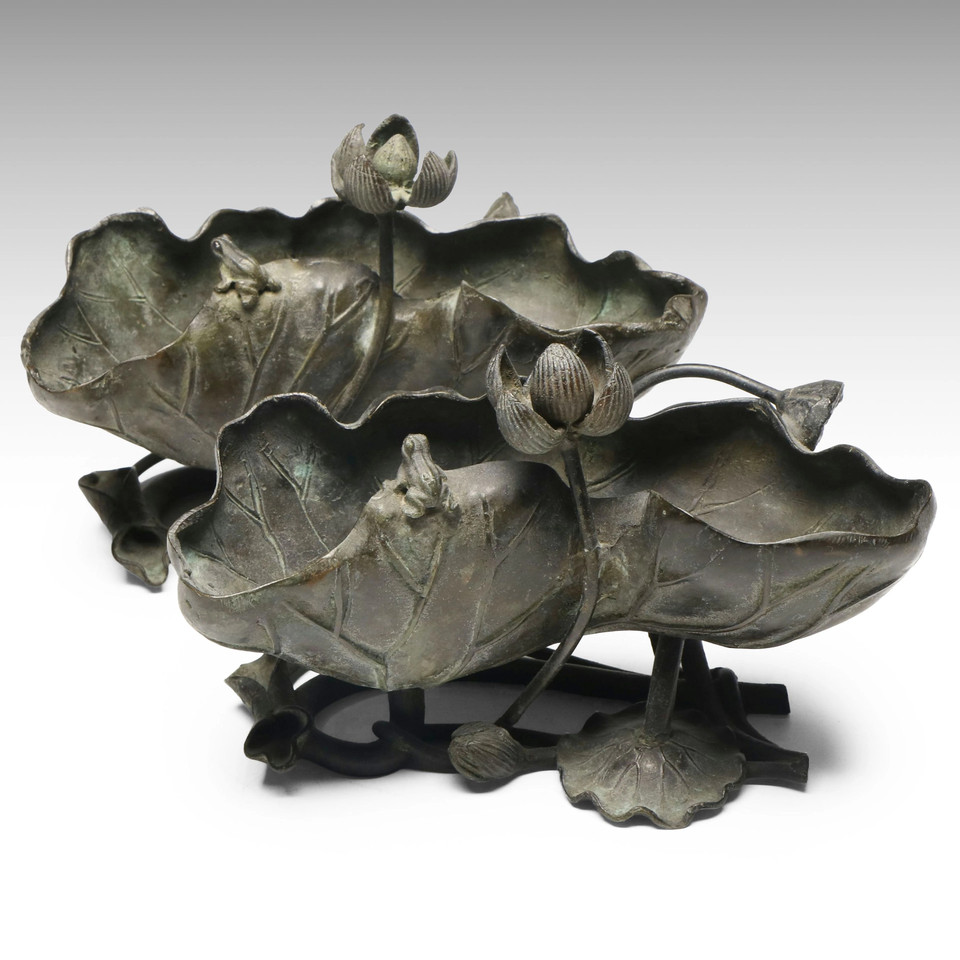 Pair of Japanese Bronze Lotus-Shaped Ikebana Vases