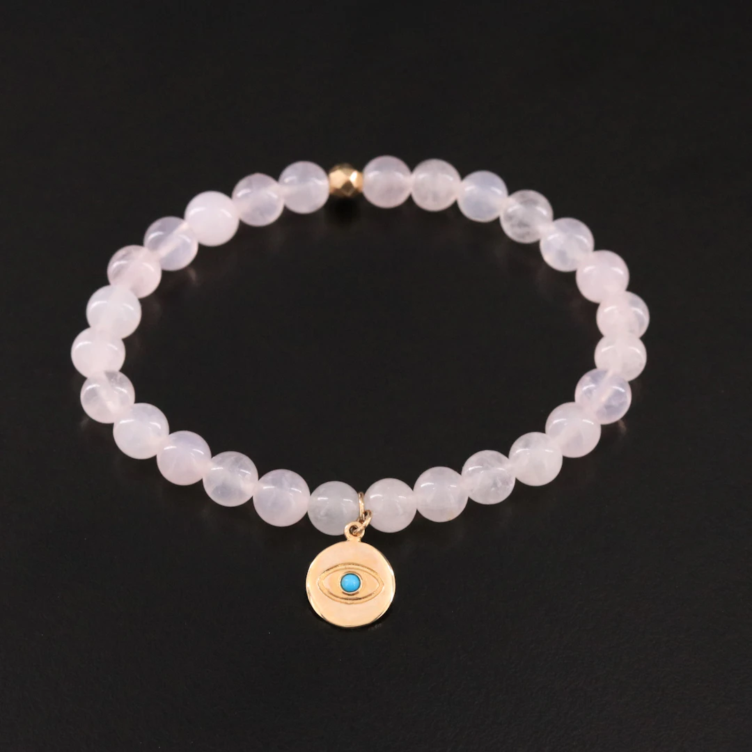 Anzie Bohème 14K Rose Quartz Evil Eye Bracelet
