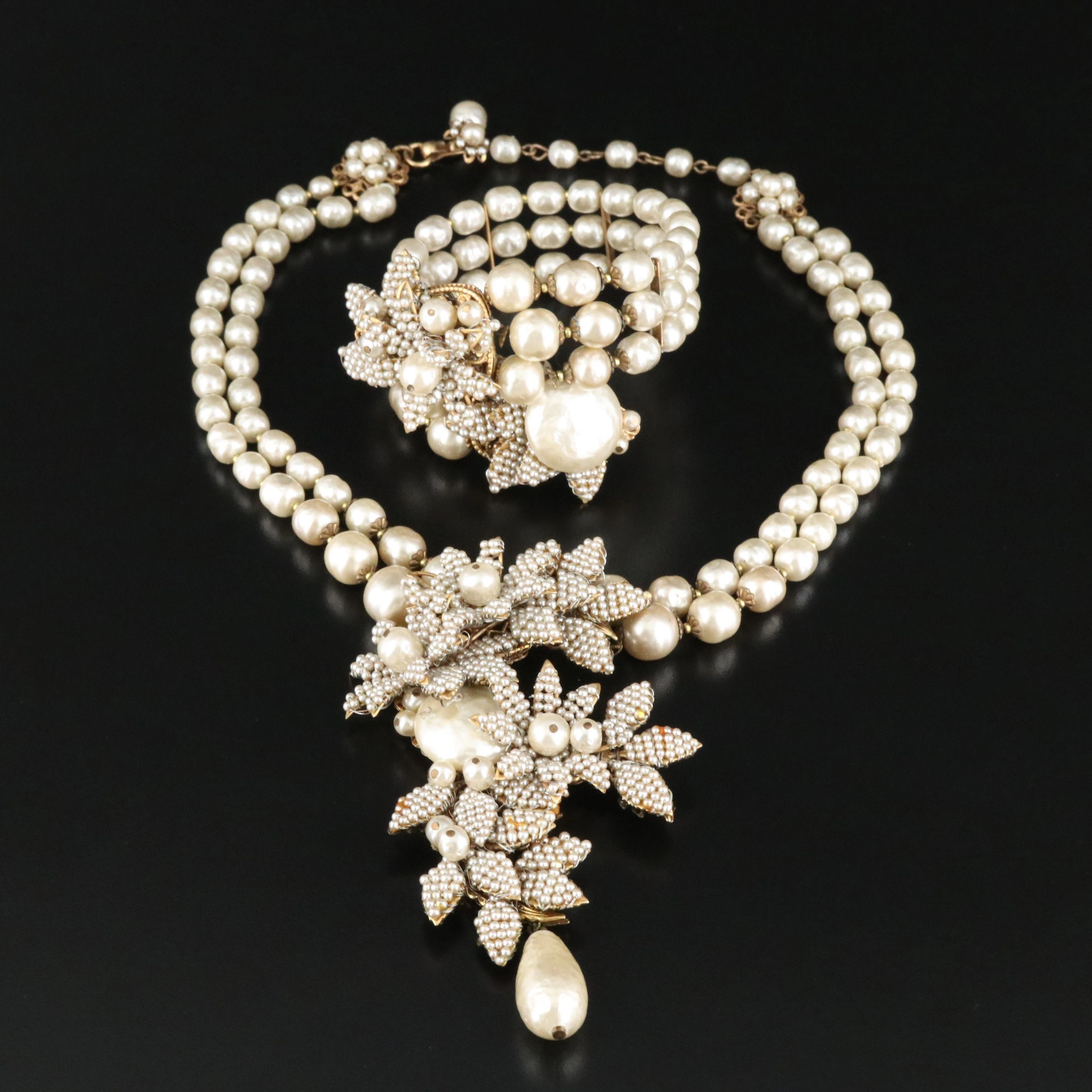 Miriam Haskell Glass Pearl Necklace & Bracelet Set, 1950s