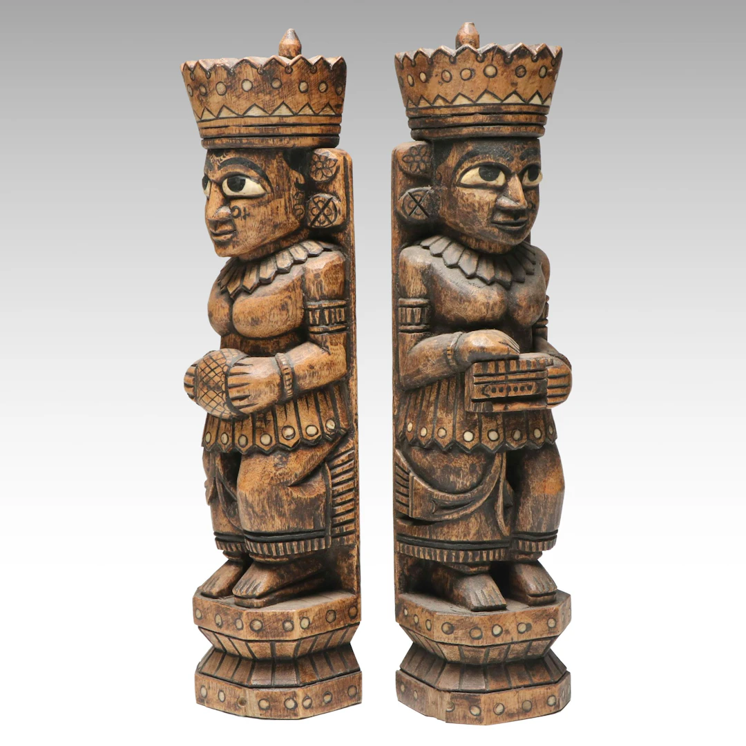 Pair of Mesoamerican Style Carved Composite and Bone Inlay Wall Panels