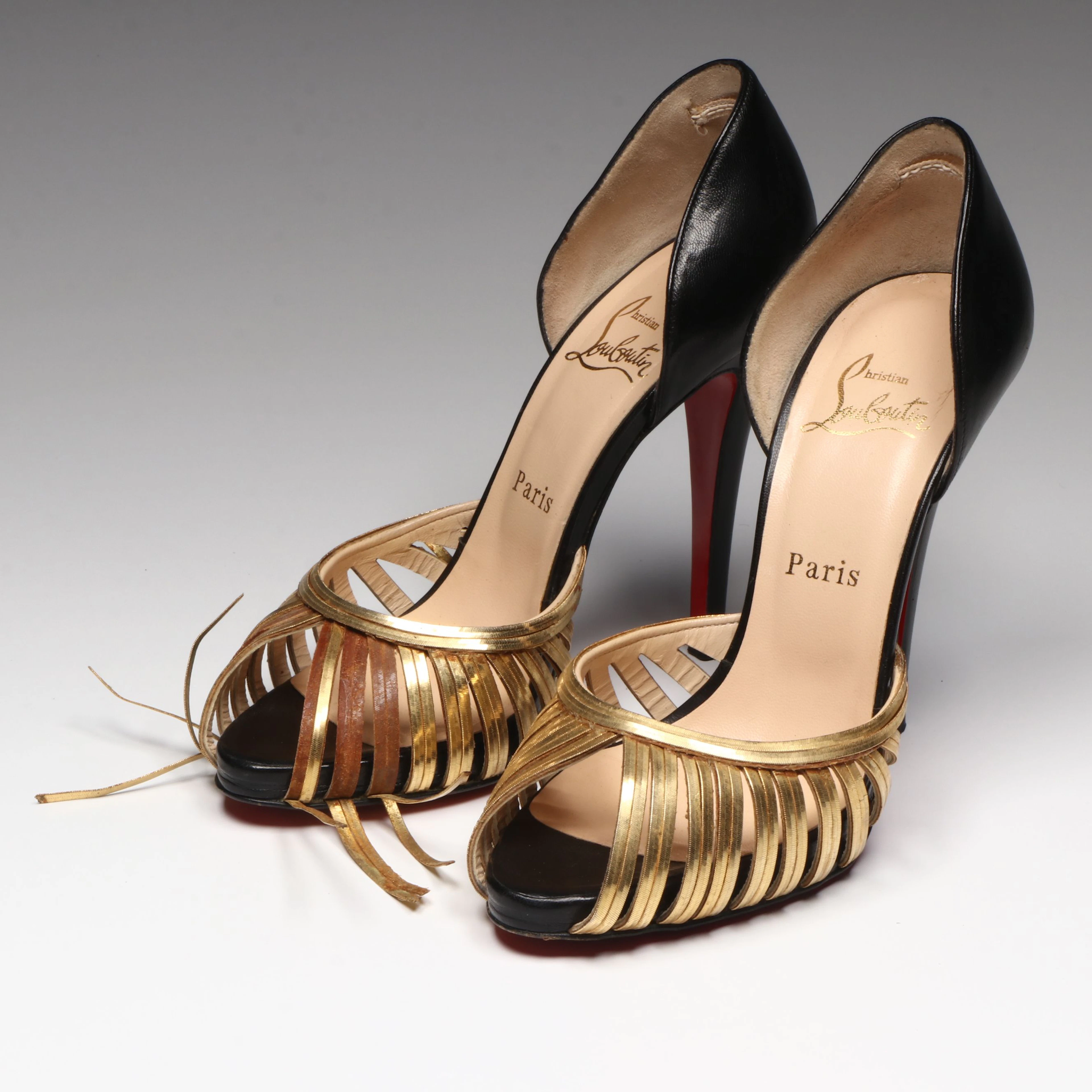 Christian Louboutin Corpus Gold Tone Metal Cage and Black Leather d'Orsay Heels