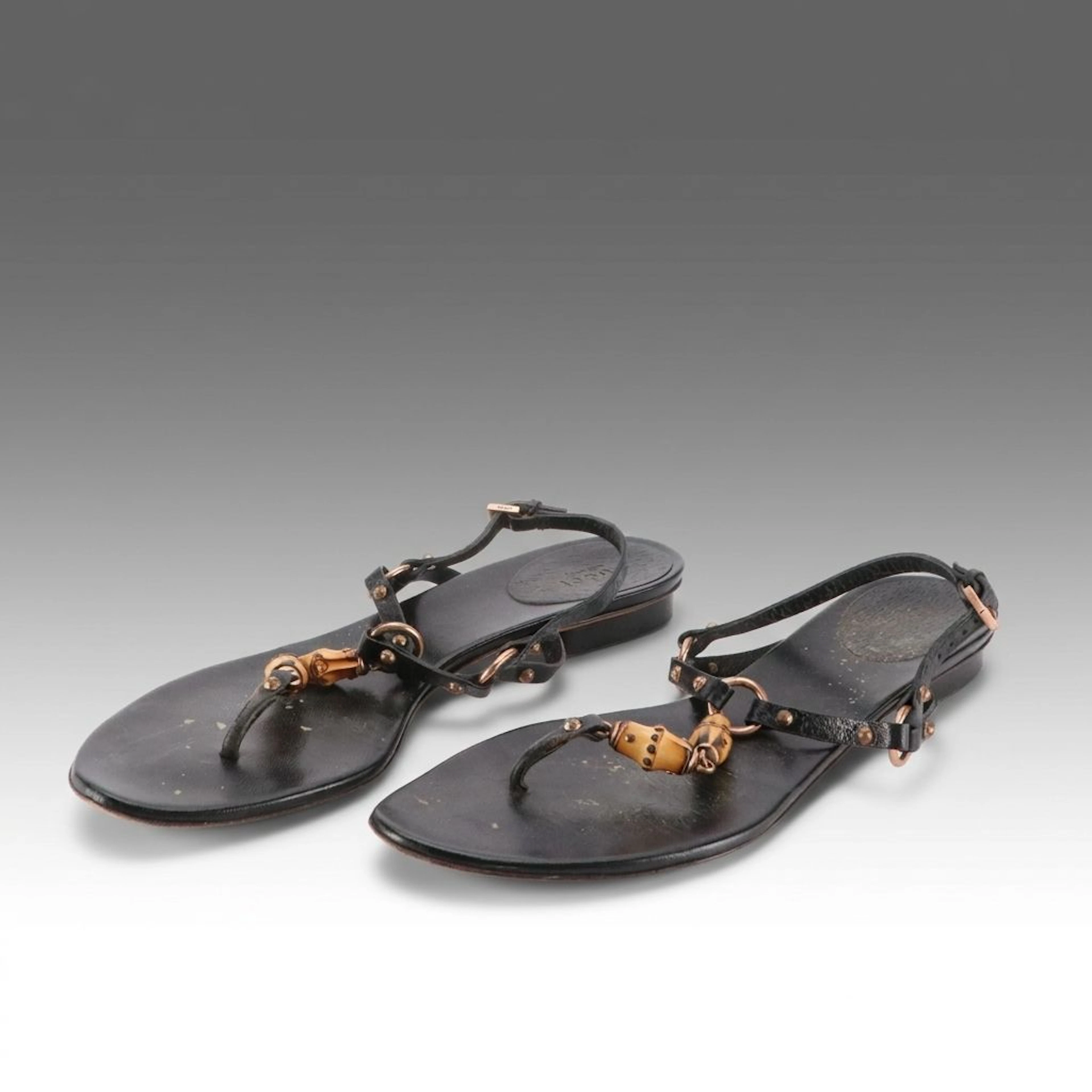 Gucci T-Strap Sandals with Bamboo Accents