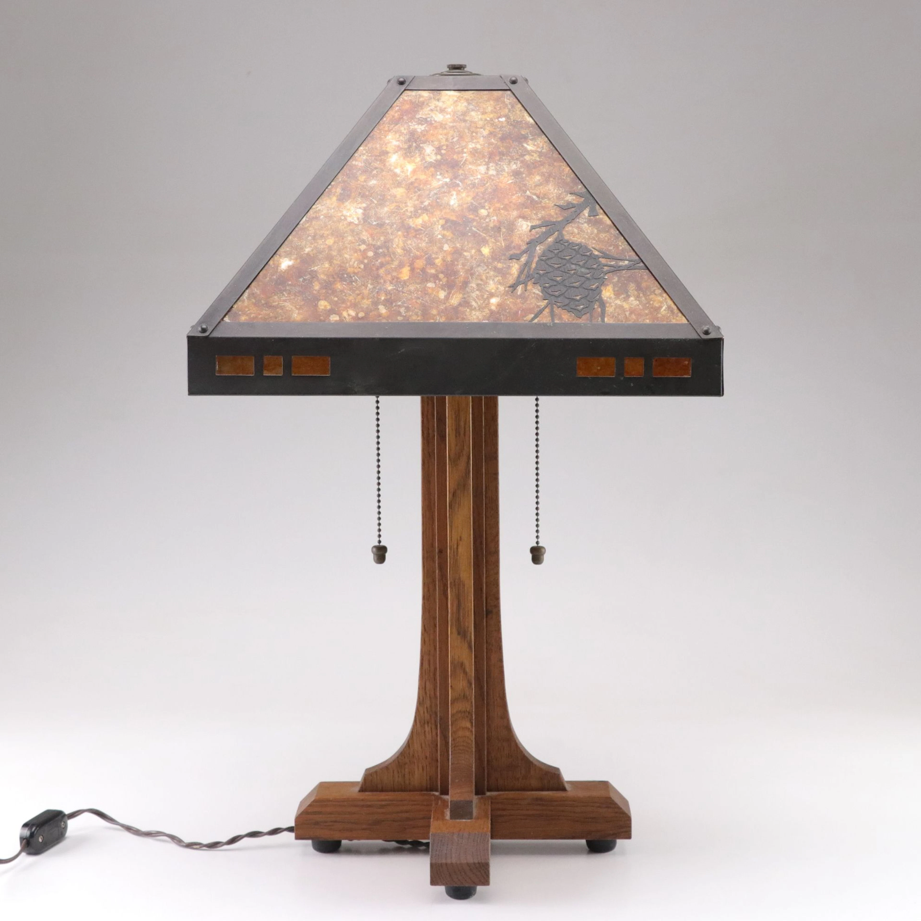 Mica Lamps Arts and Crafts Style Oak Table Lamp with Silhouetted Mica Shade