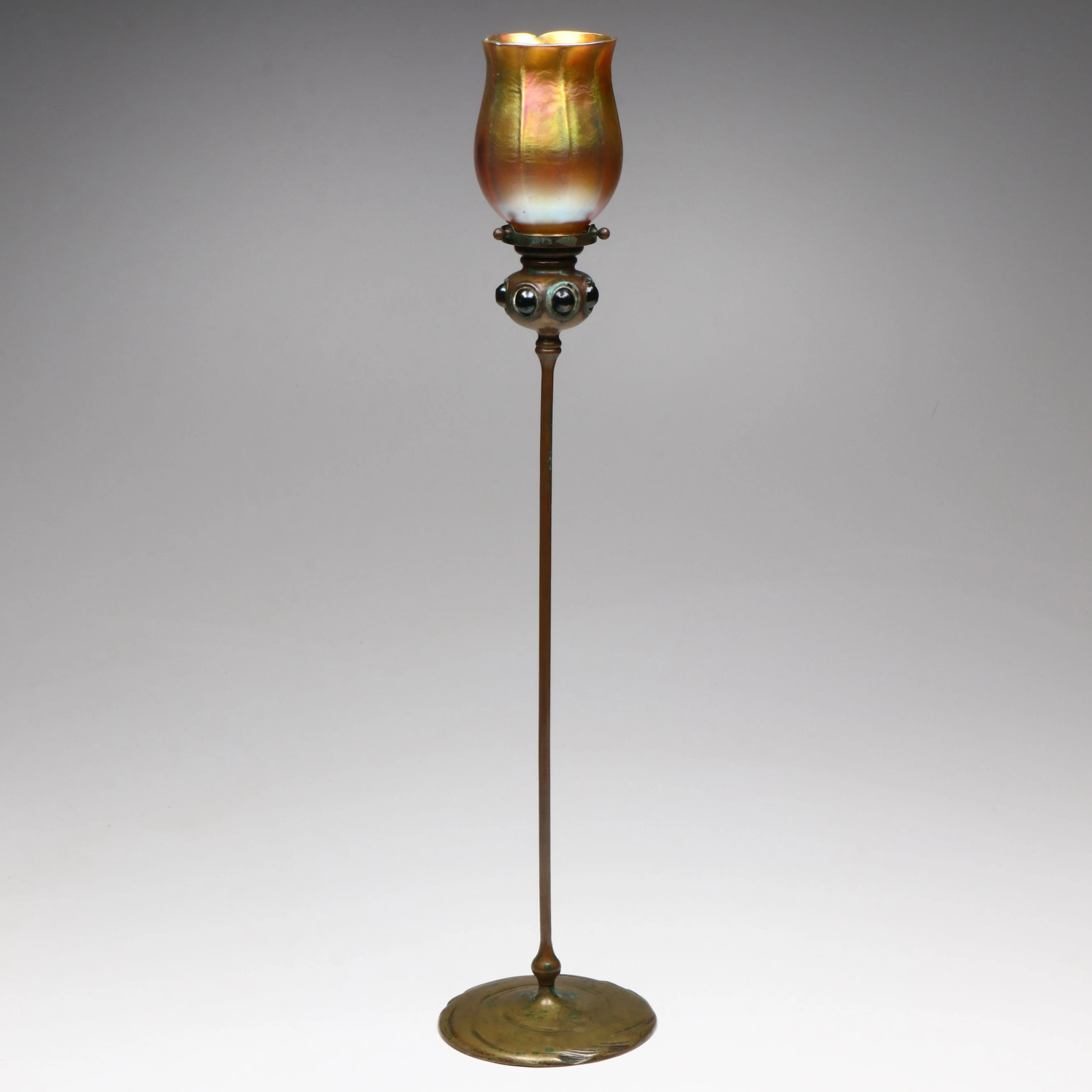 Louis Comfort Tiffany Patinated Bronze and Favrile Glass 'Jeweled' Candlestick