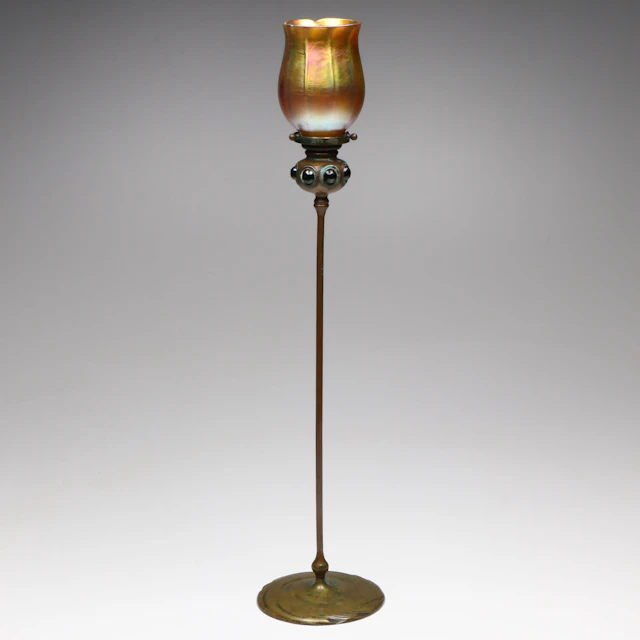 Louis Comfort Tiffany Patinated Bronze and Favrile Glass 'Jeweled' Candlestick