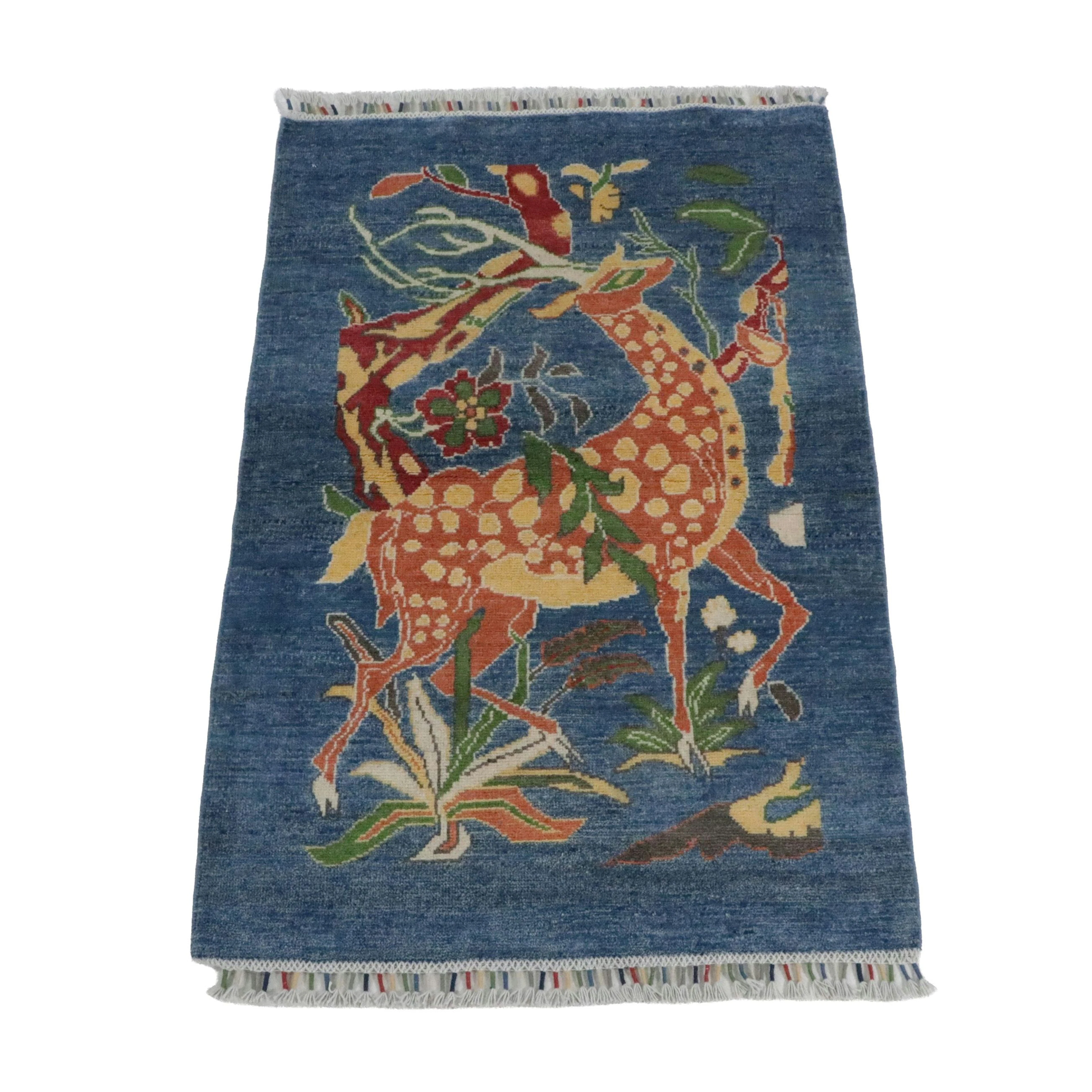 2'8 x 4'2 Hand-Knotted Tibetan Style Spotted Stag Pictorial Accent Rug