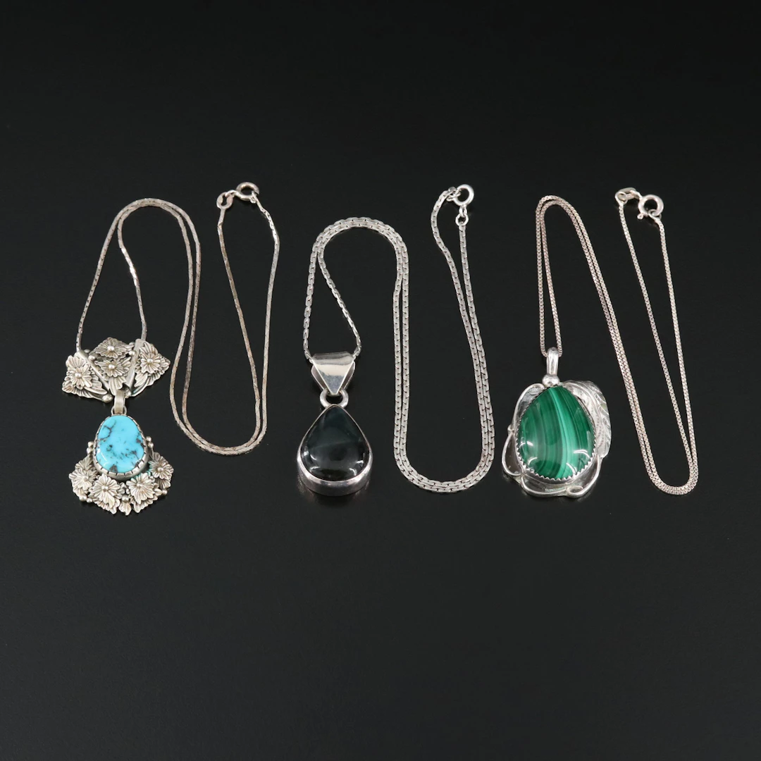 Signed Southwestern Sterling Turquoise, Malachite and Obsidian Necklaces