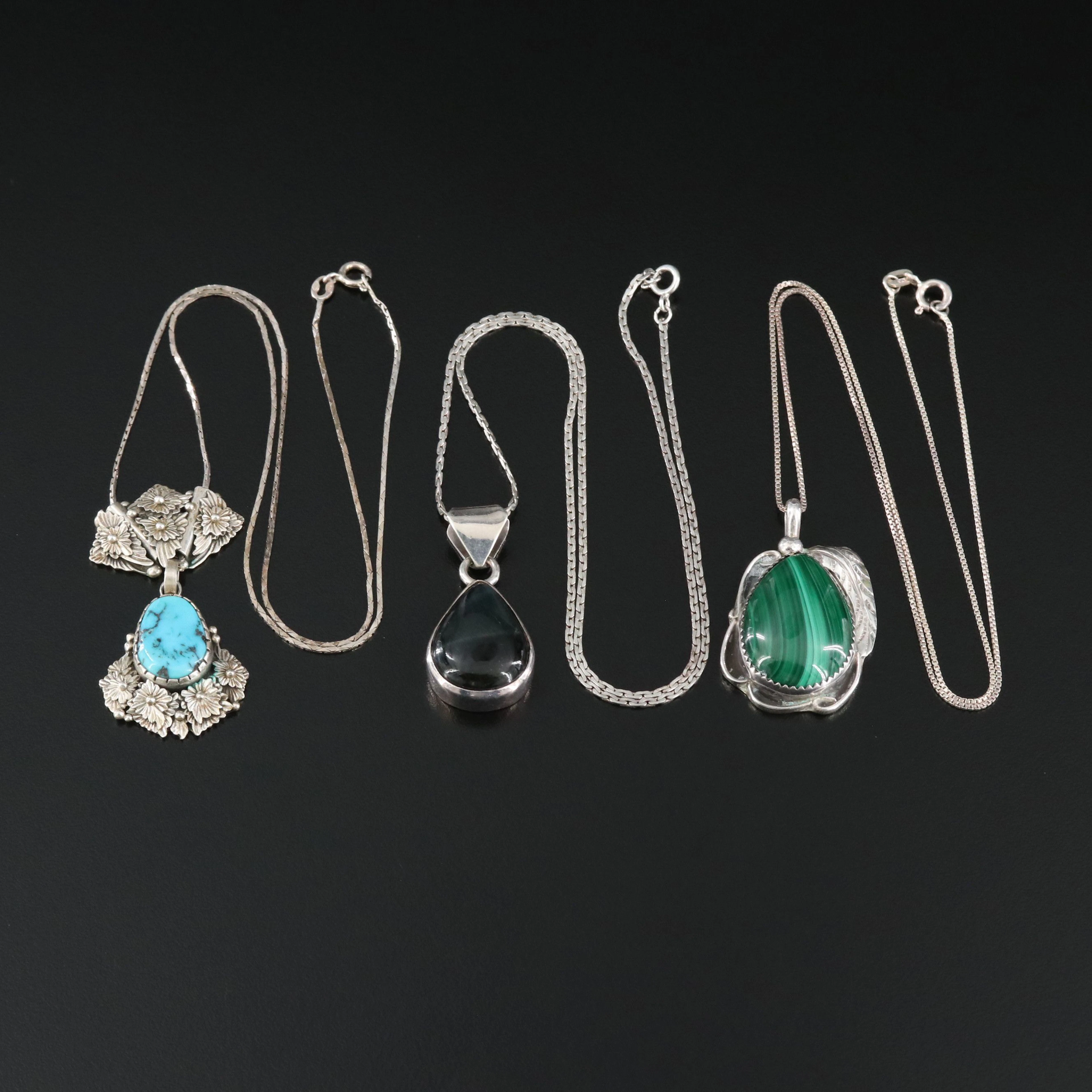 Signed Southwestern Sterling Turquoise, Malachite and Obsidian Necklaces
