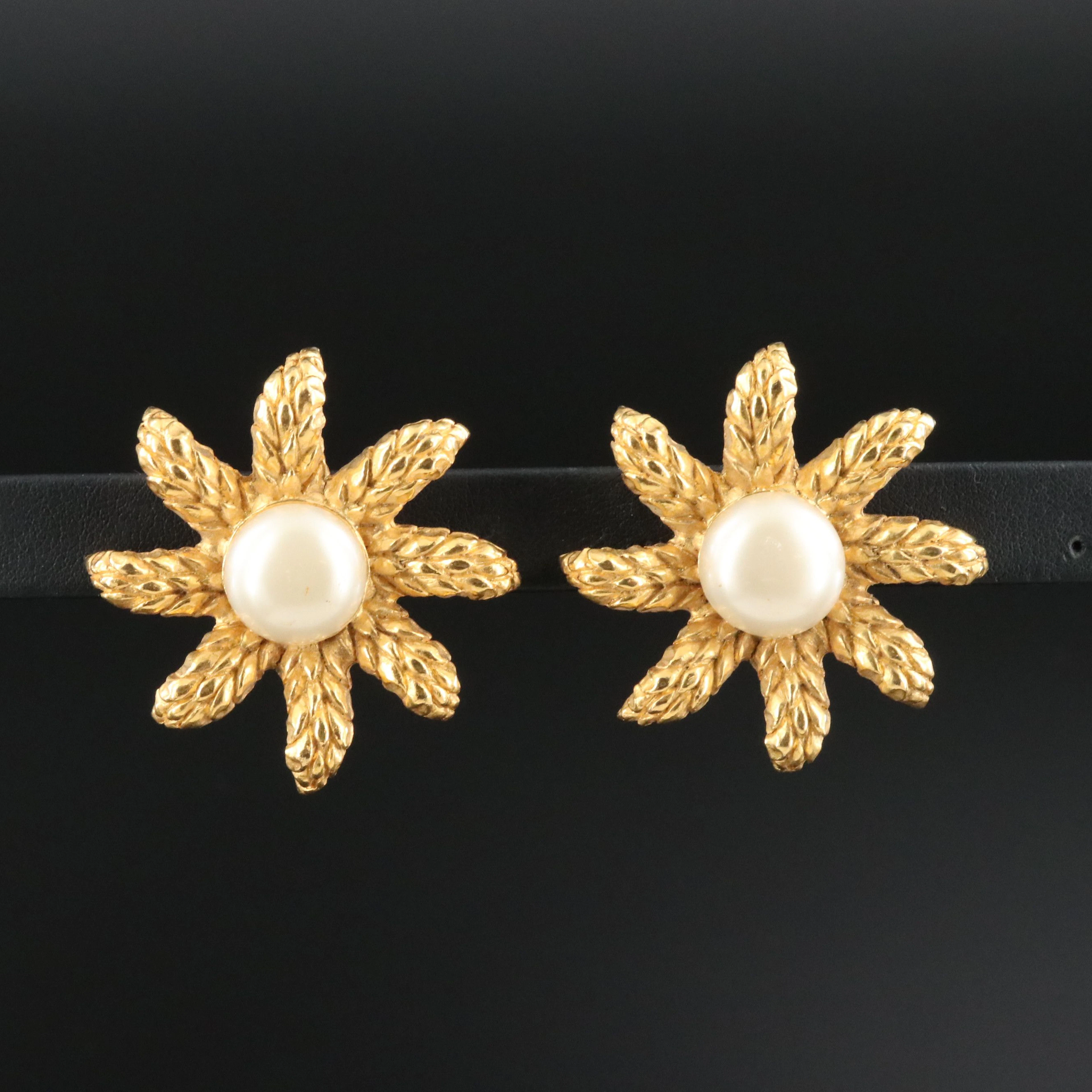 Chanel Glass Pearl Flower Clip Earrings 1993
