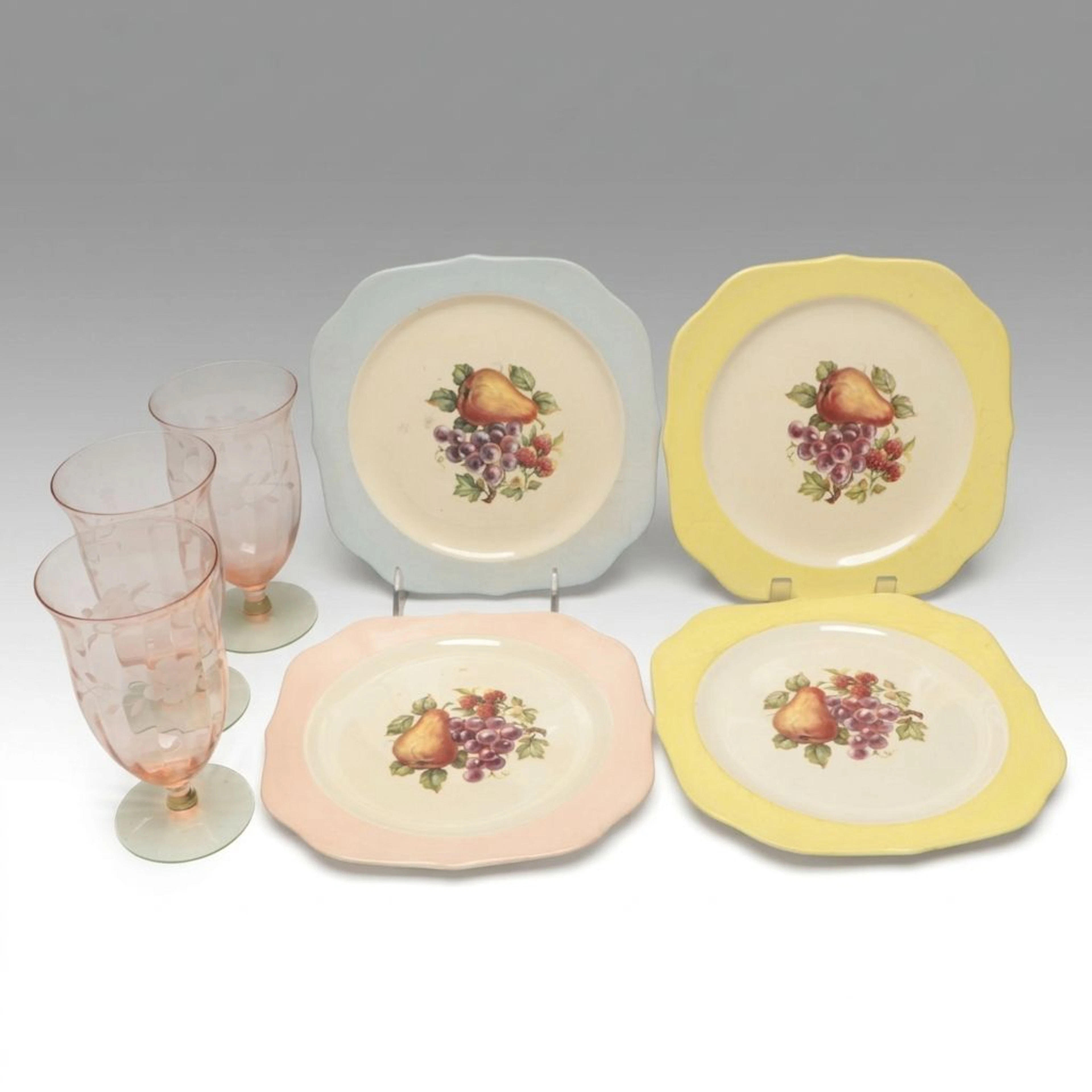 Weston Uranium Footed Glass Tumblers with Crooksville Salad Plates