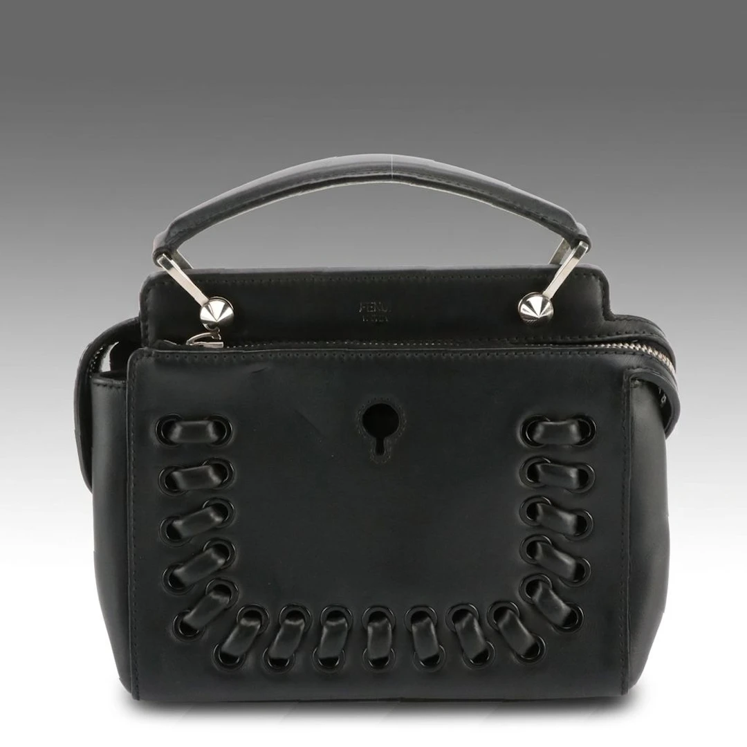 Fendi Black Leather Dotcom Grommet and Lace-Up Two-Way Top Handle Bag