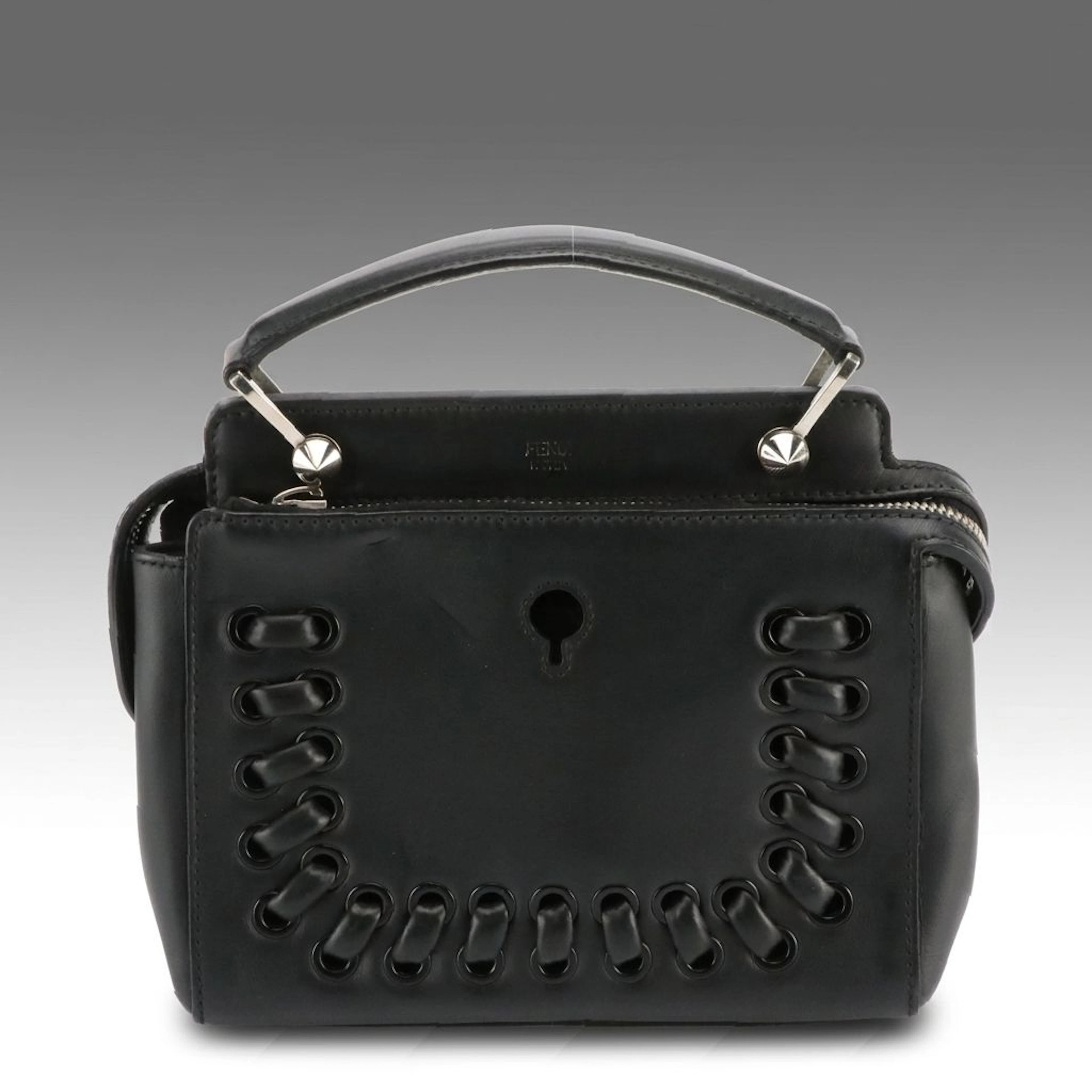 Fendi Black Leather Dotcom Grommet and Lace-Up Two-Way Top Handle Bag