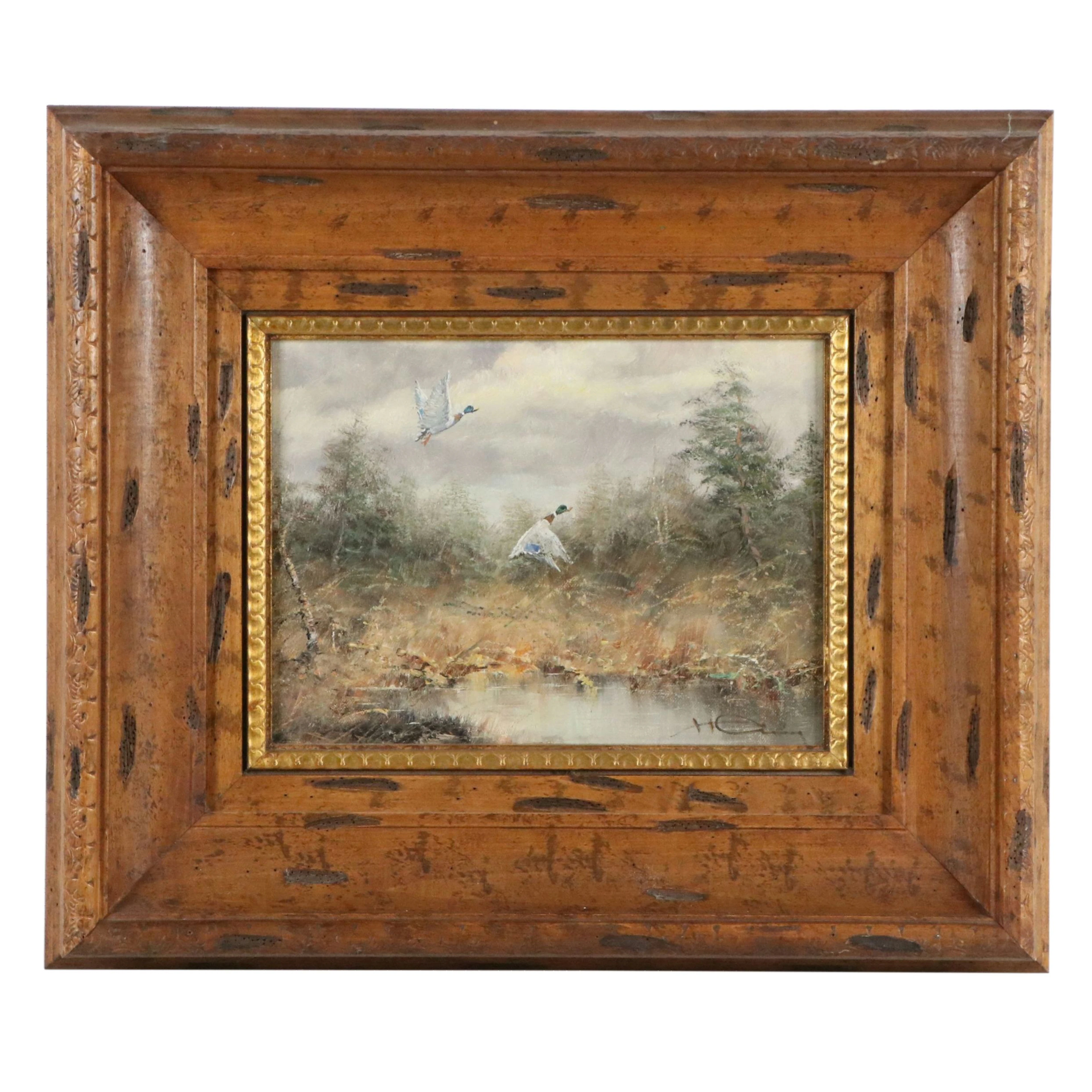 Hans Hansung Forestscape Oil Painting of Mallards Over Pond, Mid to