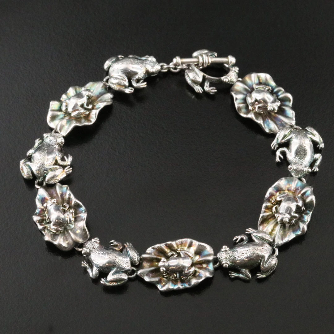 Sterling Frog and Lily Pad Link Bracelet