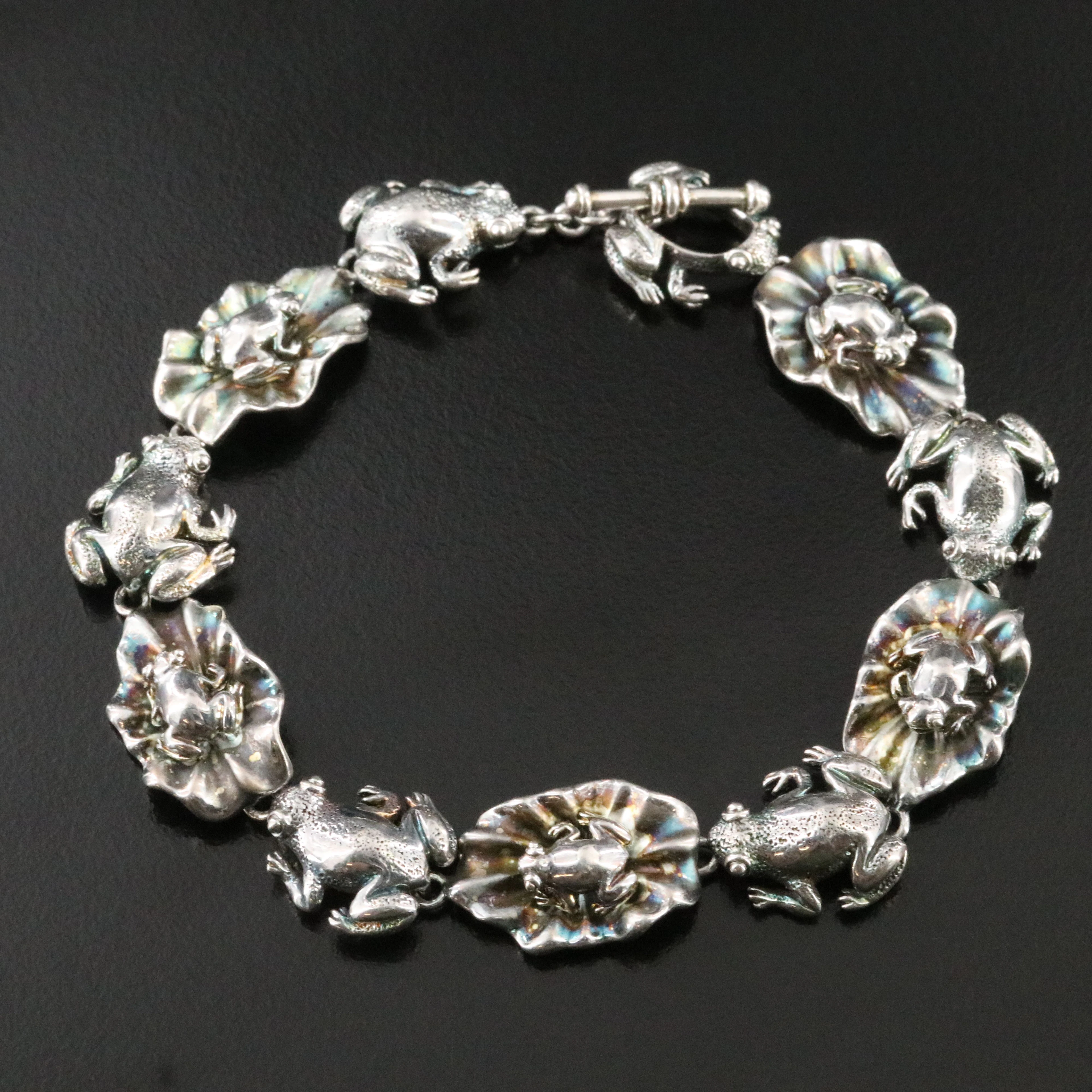 Sterling Frog and Lily Pad Link Bracelet