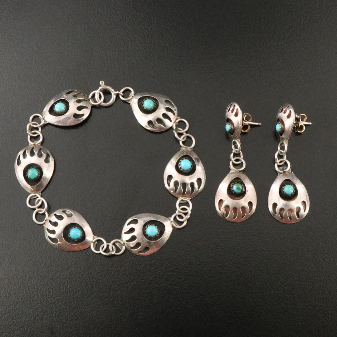 Southwestern Sterling Turquoise Bear Paw Shadowbox Bracelet and Earrings