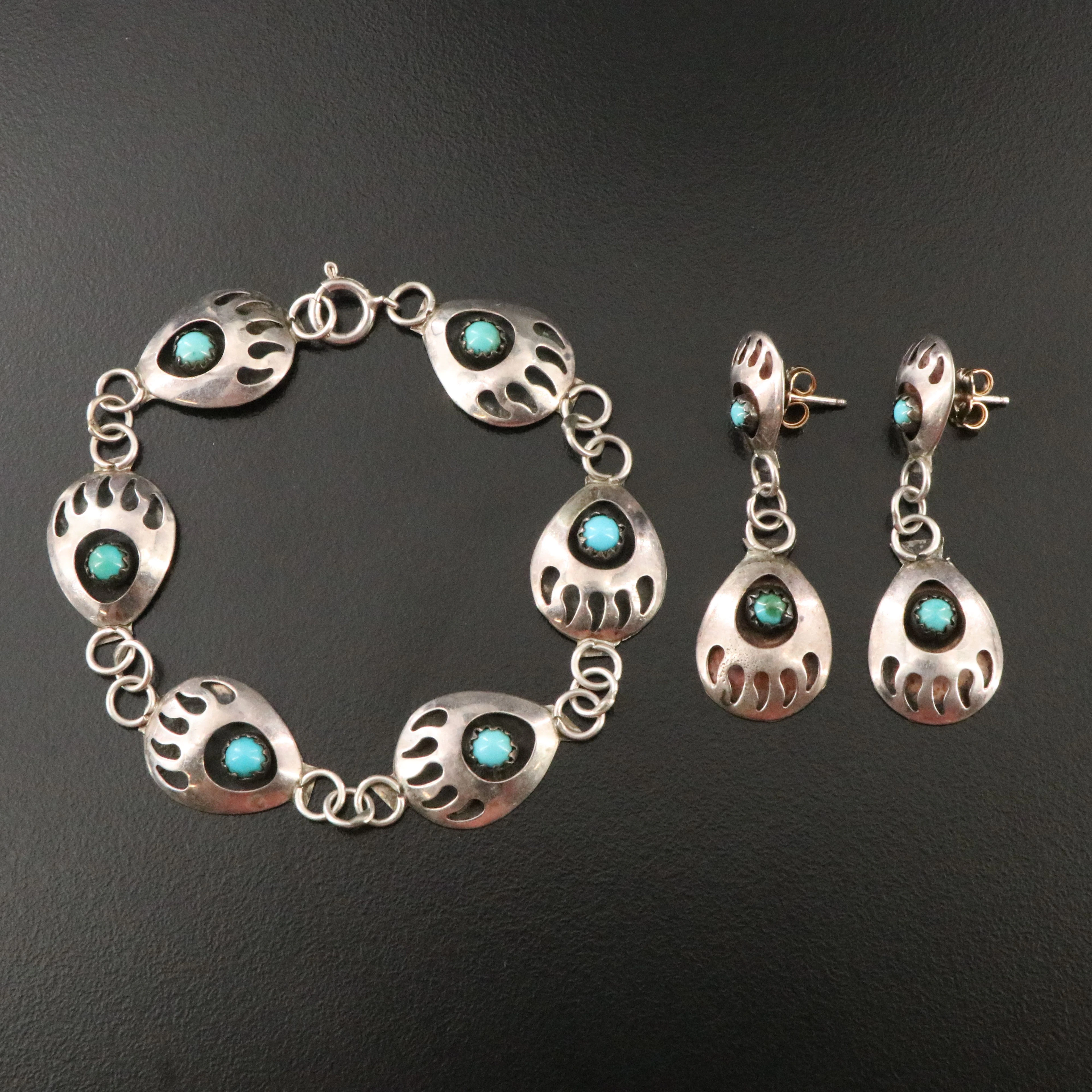 Southwestern Sterling Turquoise Bear Paw Shadowbox Bracelet and Earrings