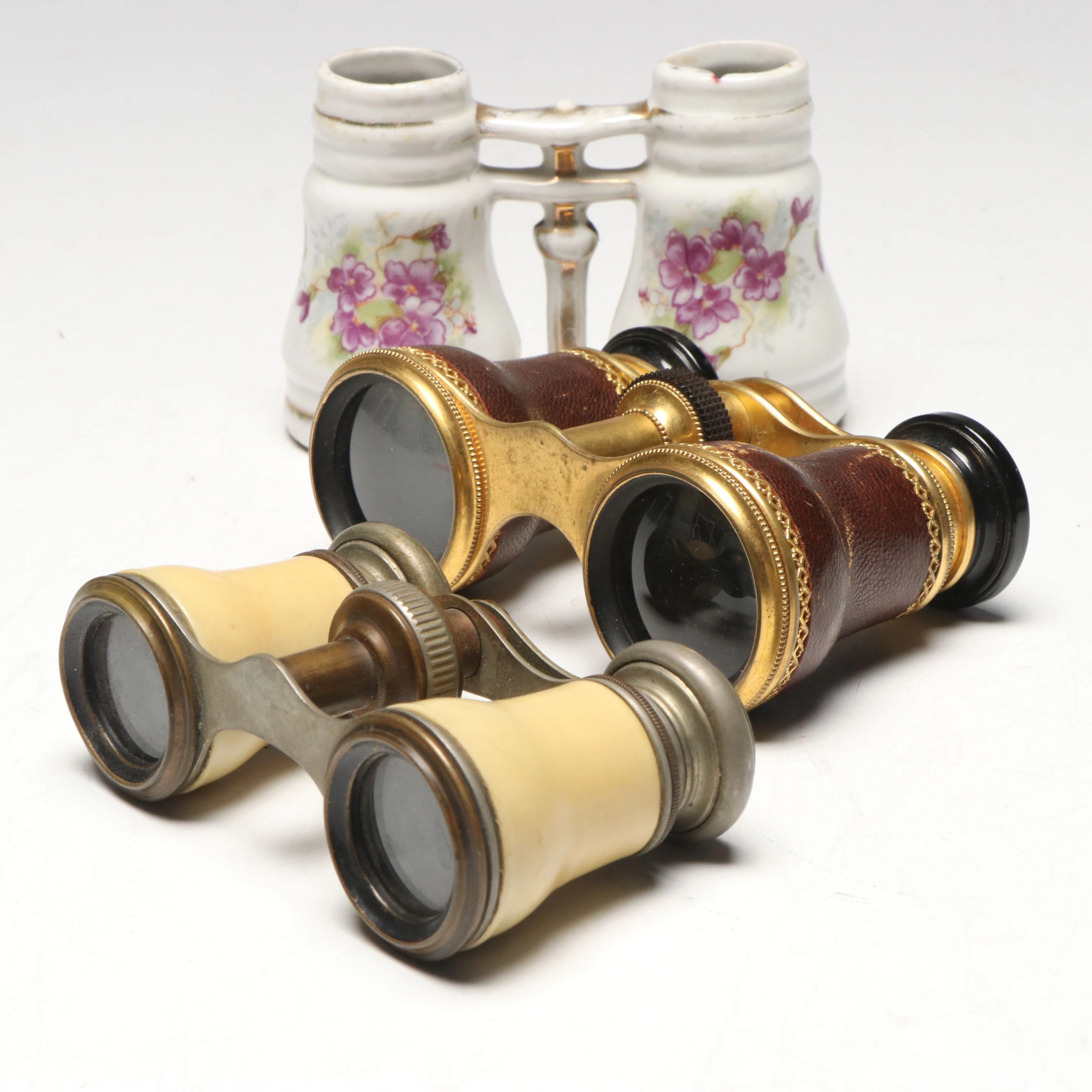 Brass and Metal Opera Glasses and Ceramic Figurine, Late 19th/Early 20th C.