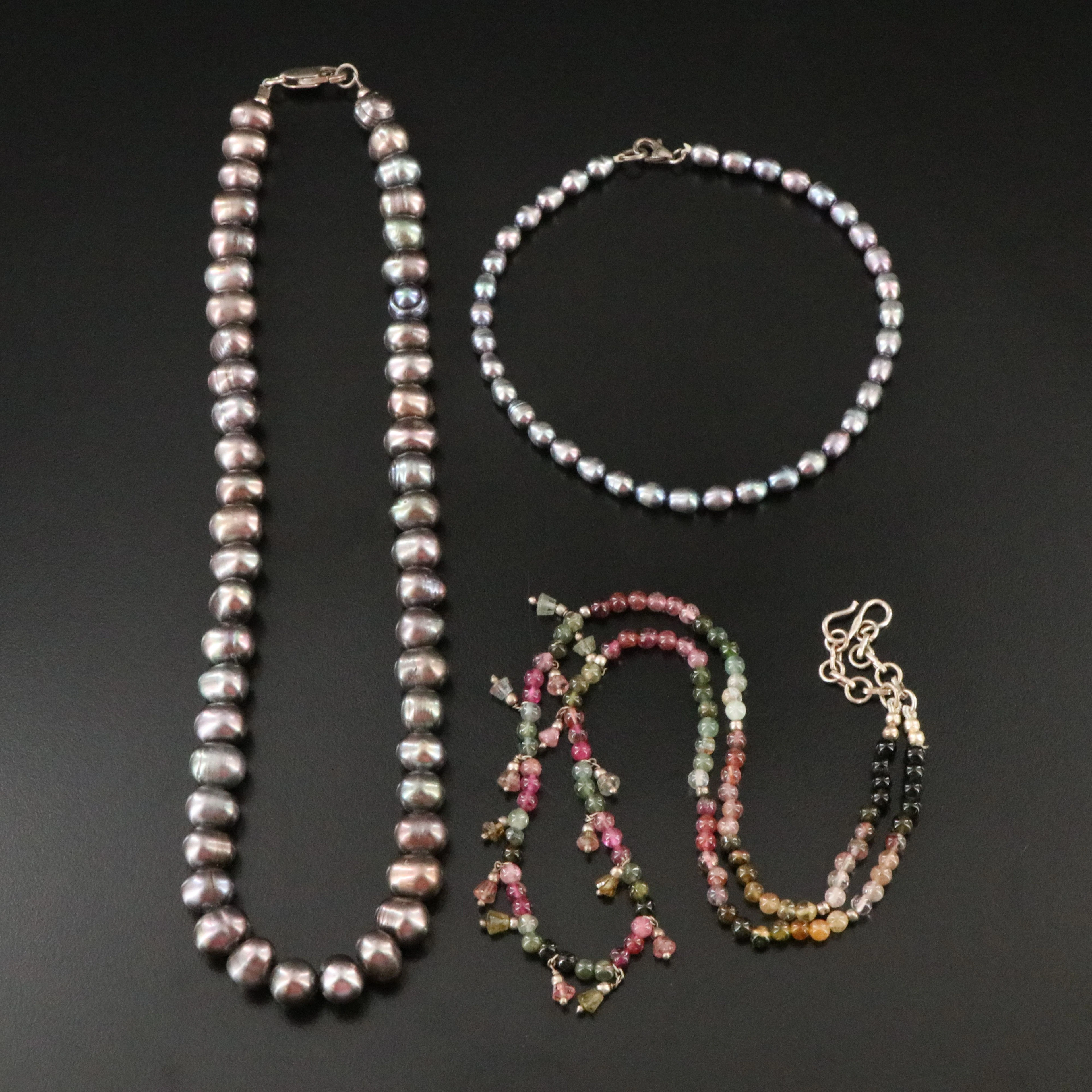 Sterling Necklaces and Bracelet Featuring Pearls and Tourmaline