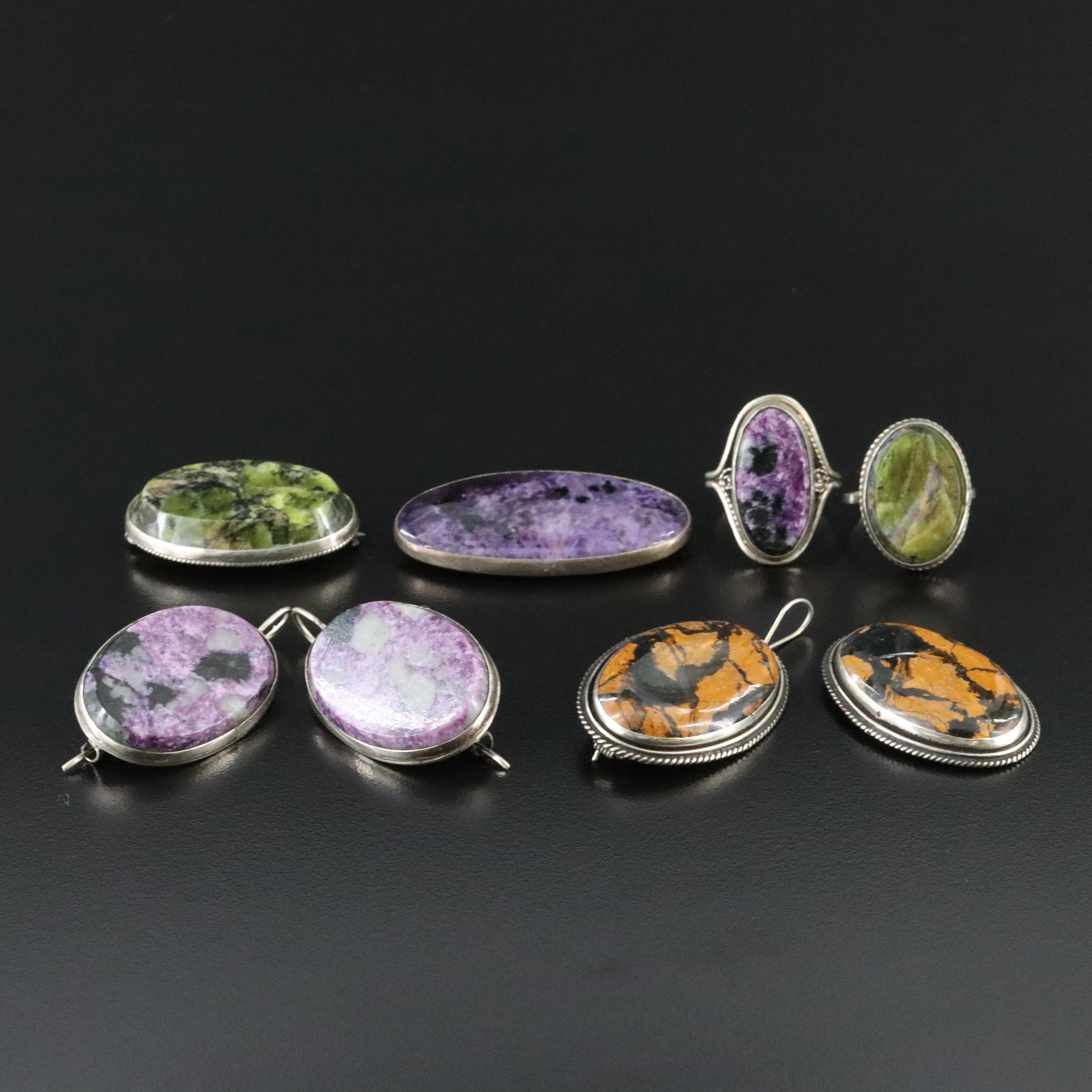Jasper, Charoite and Serpentine Brooch, Ring and Earring Collection