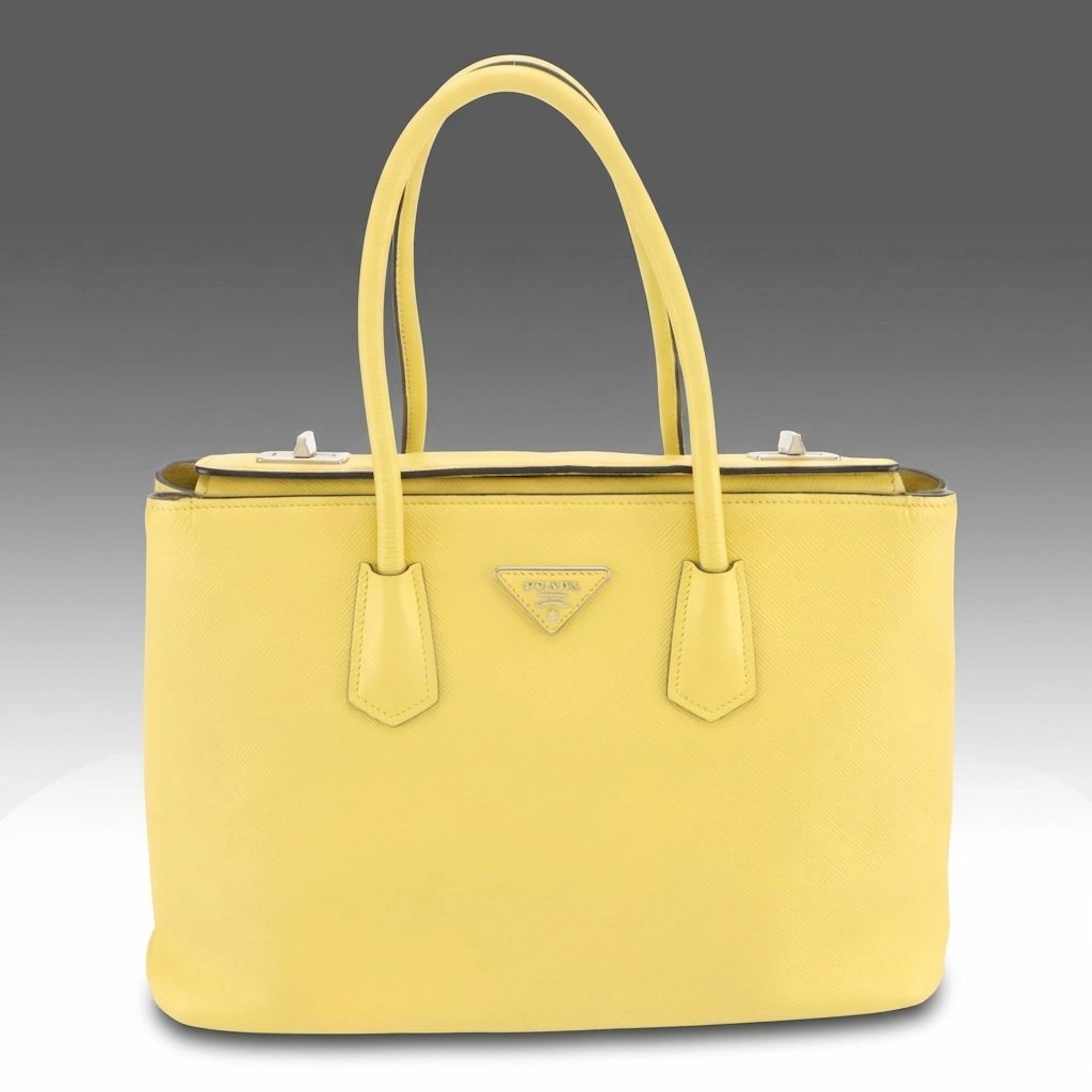 Prada Medium Twin Tote Bag in Pale Yellow Saffiano Lux Leather