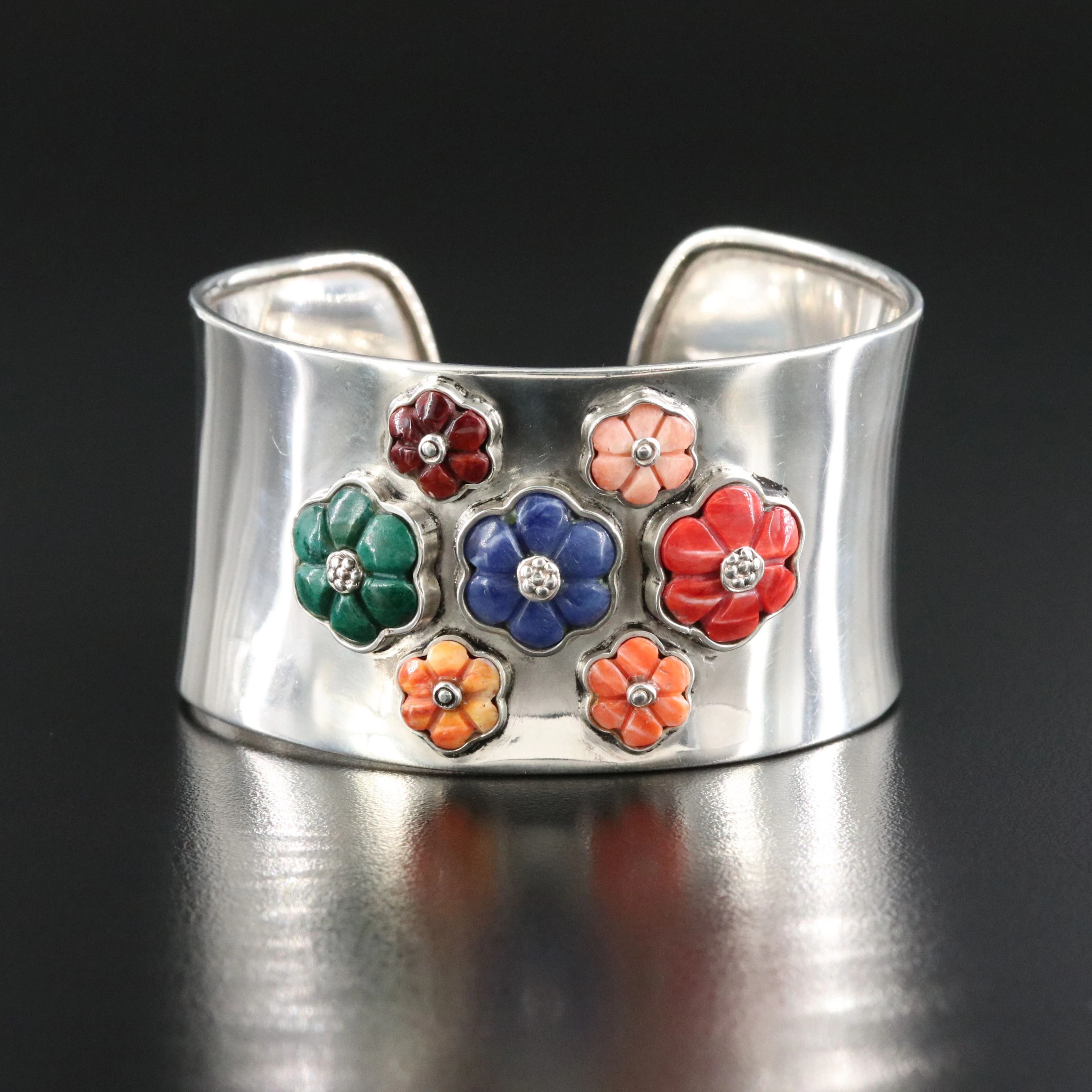 950 Silver Carved Coral, Sodalite & Spiny Oyster Flower Cuff Bracelet