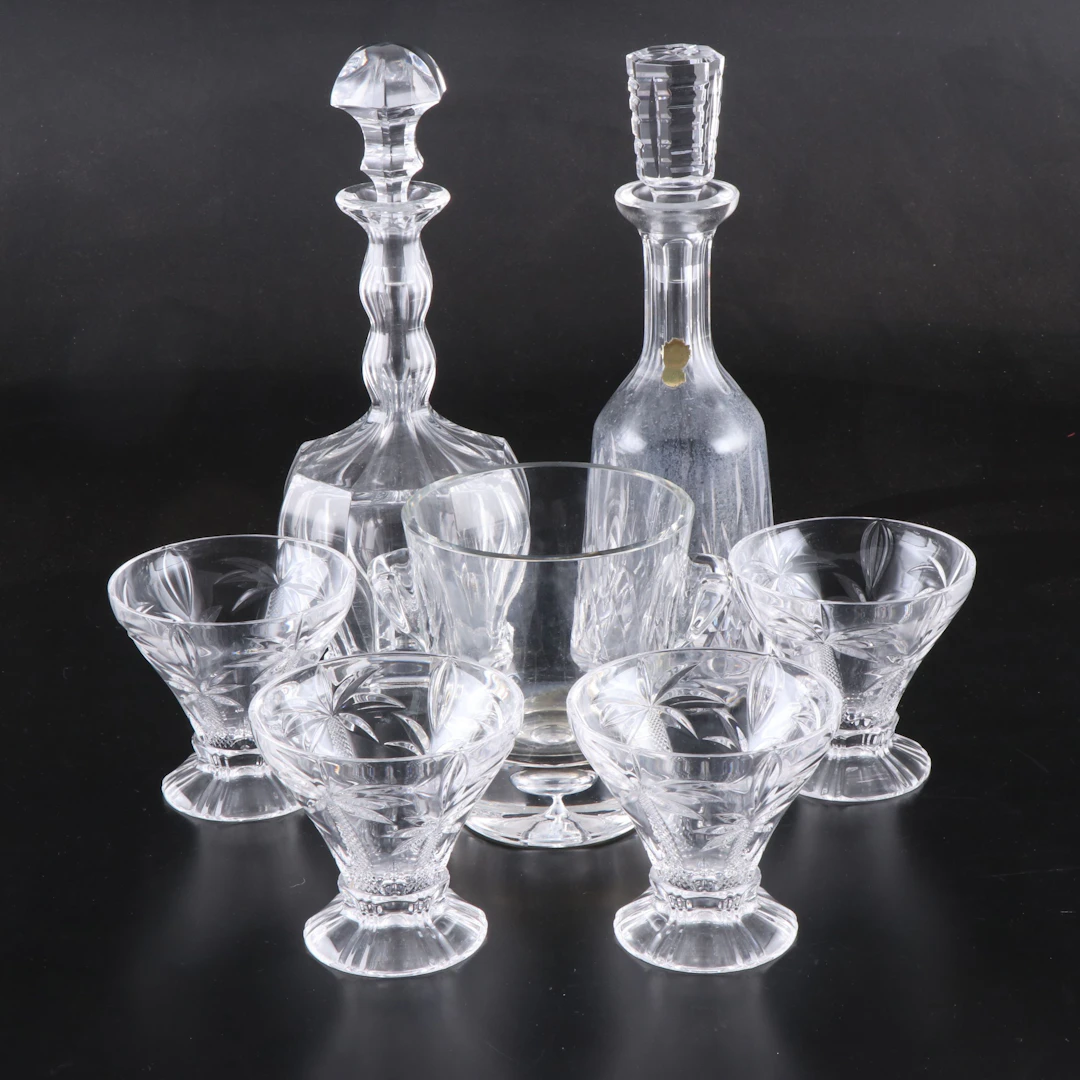 Godinger Crystal "Palm" Ice Cream Bowls, Waterford Decanter and Bar Accessories
