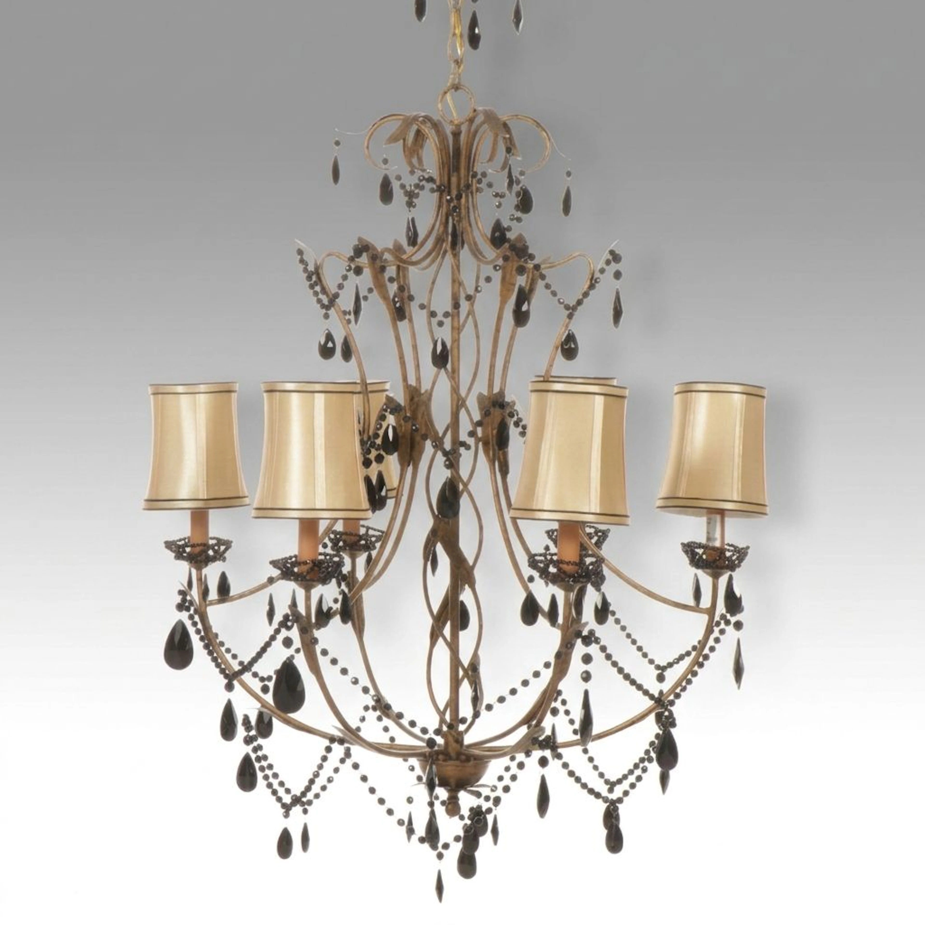 Tuscan Style Bronze Patinated and Black Crystal Six-Arm Chandelier, Silk Shades