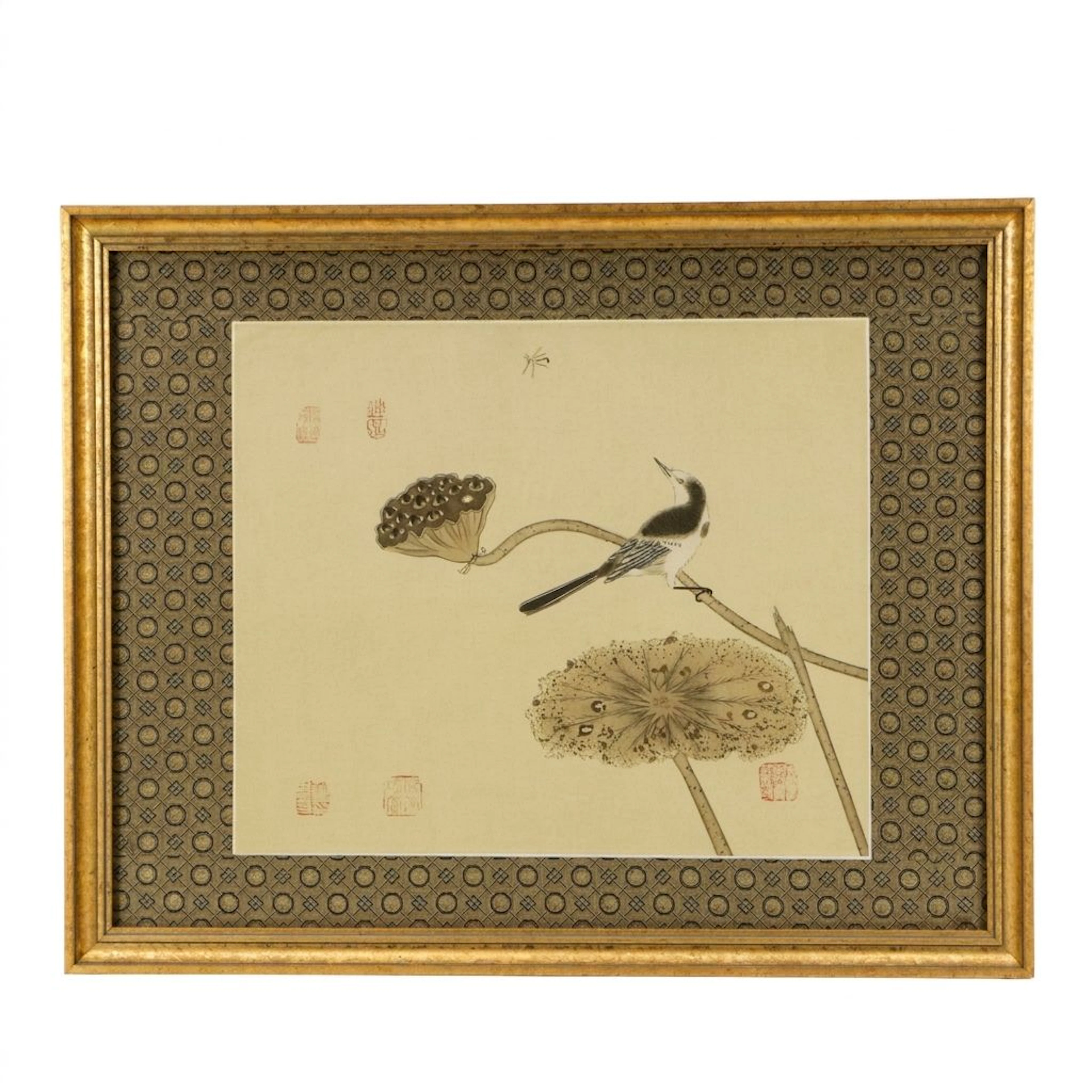 Chinese Huaniaohua Gongbi Ink and Gouache Silk Painting of Bird and Lotus Pod