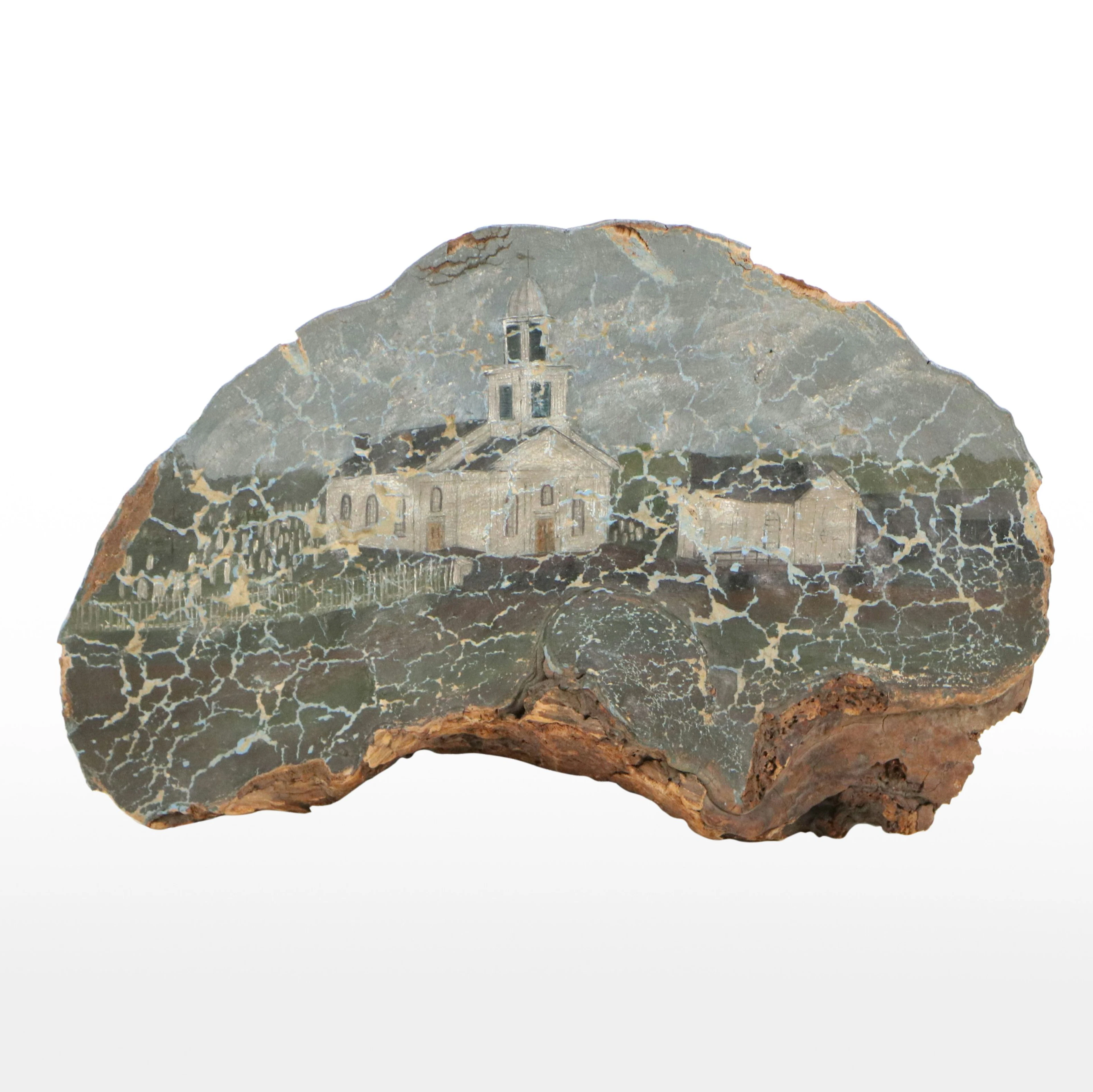 American Primitive Folk Art Painting on Turkey Tail Fungus, 19th C.