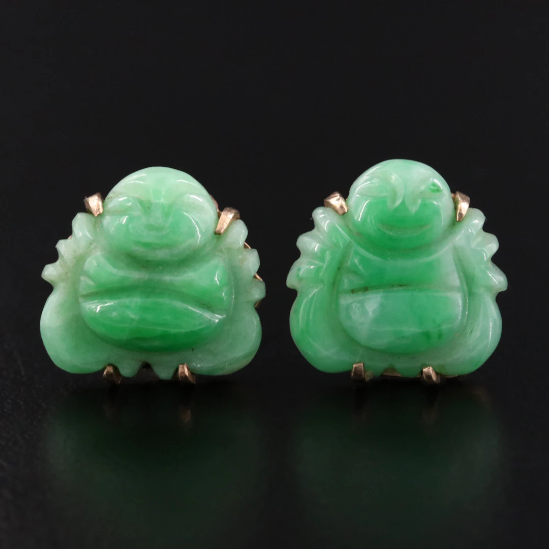 14K Carved Jadeite Buddha Earrings