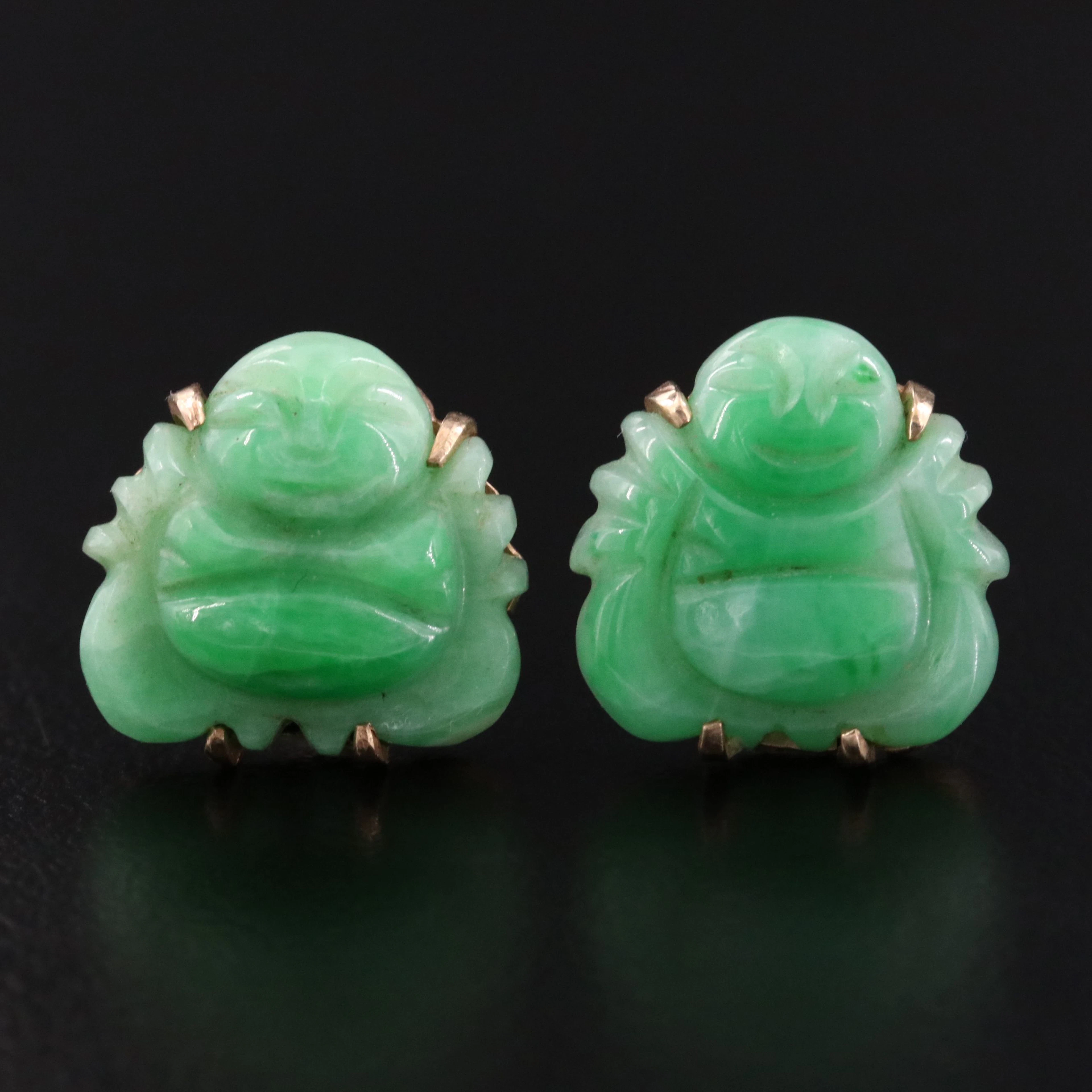 14K Carved Jadeite Buddha Earrings