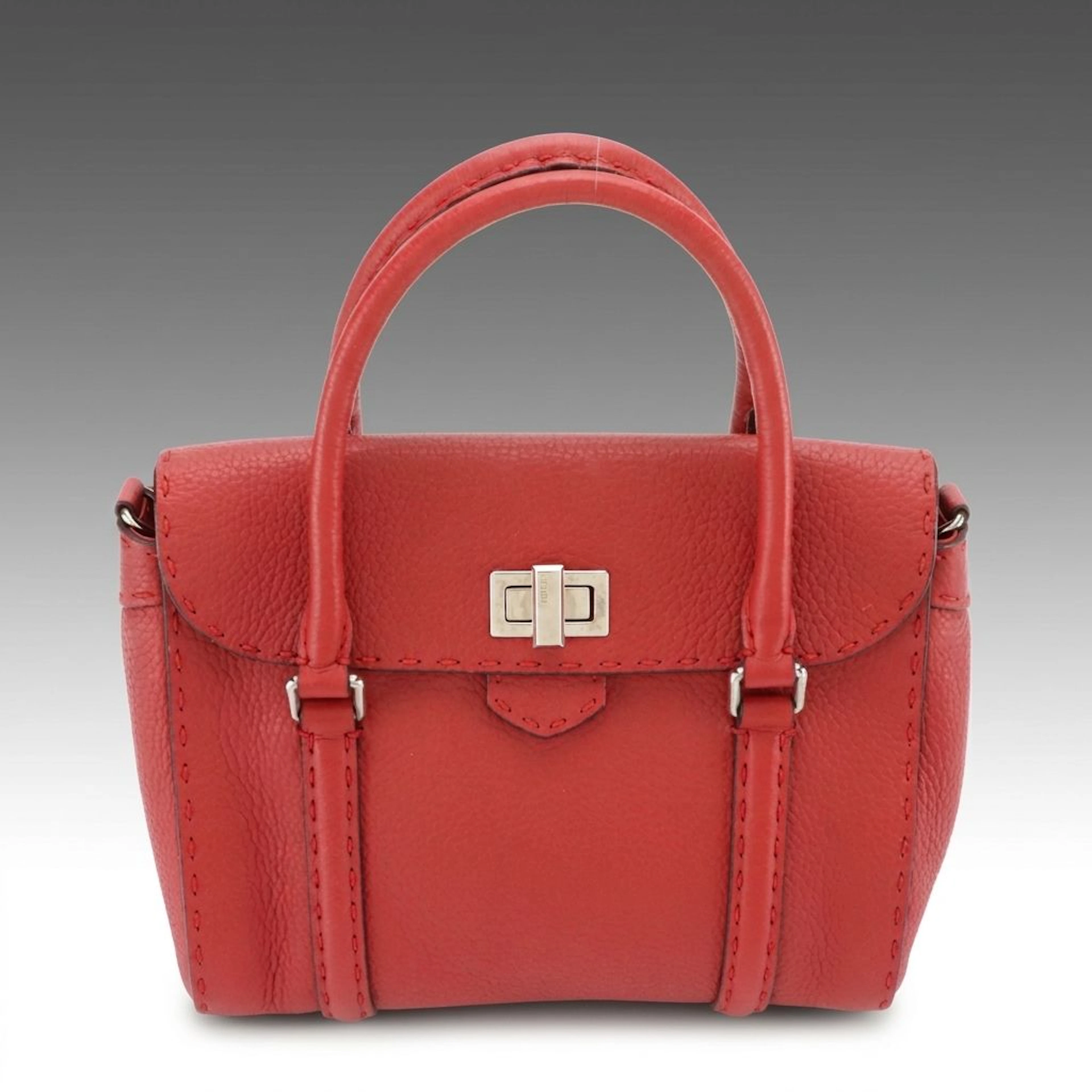 Fendi Selleria Turnlock Two-Way Satchel Bag in Red Grained Calfskin Leather