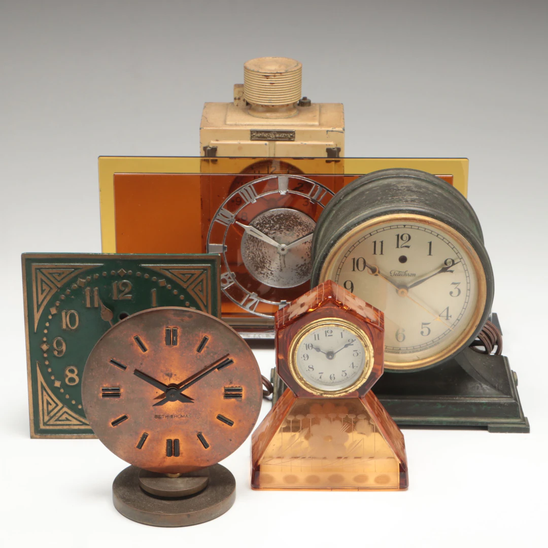 Omega Art Deco Amber Glass Desk Clock with Telechron and More Vintage Clocks
