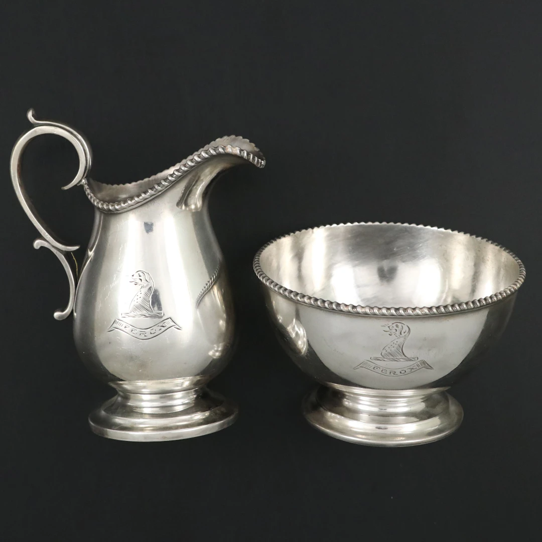 Georgian Style Beaded Rim Armorial Engraved Sterling Creamer and Footed Bowl