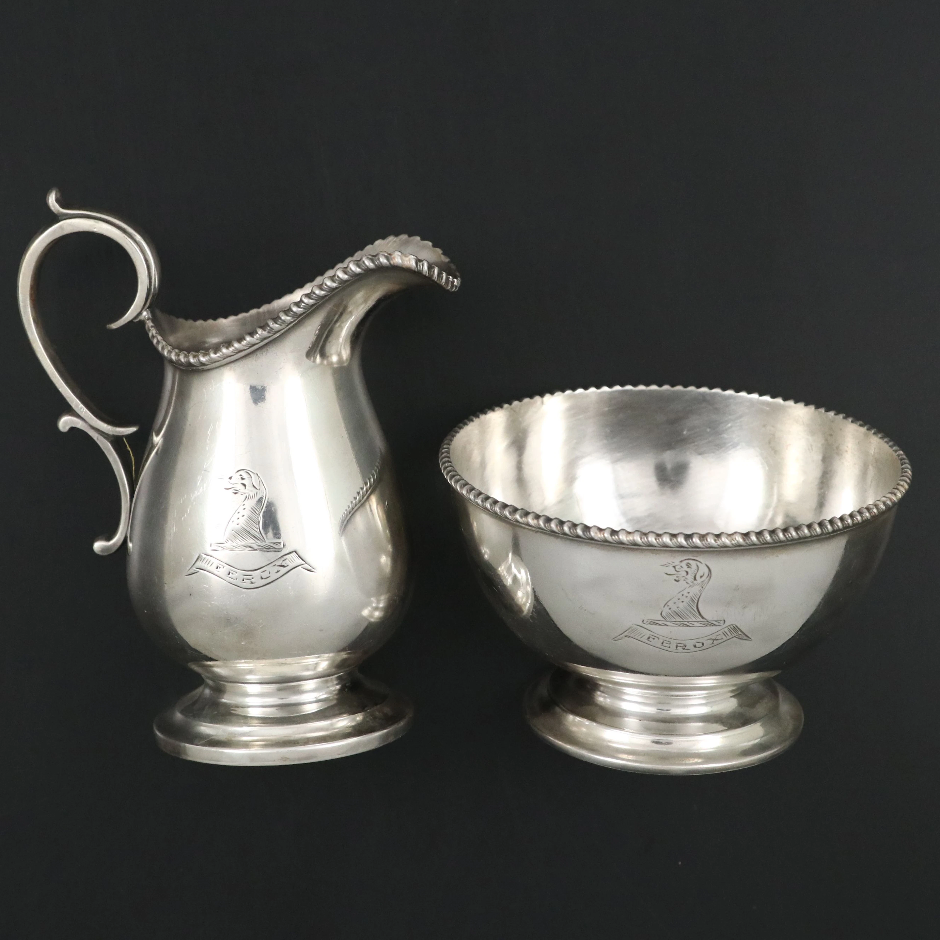 Georgian Style Beaded Rim Armorial Engraved Sterling Creamer and Footed Bowl
