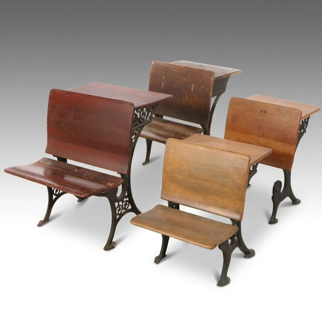 Victorian Cast Iron and Oak School Desks, Late 19th to Early 20th Century