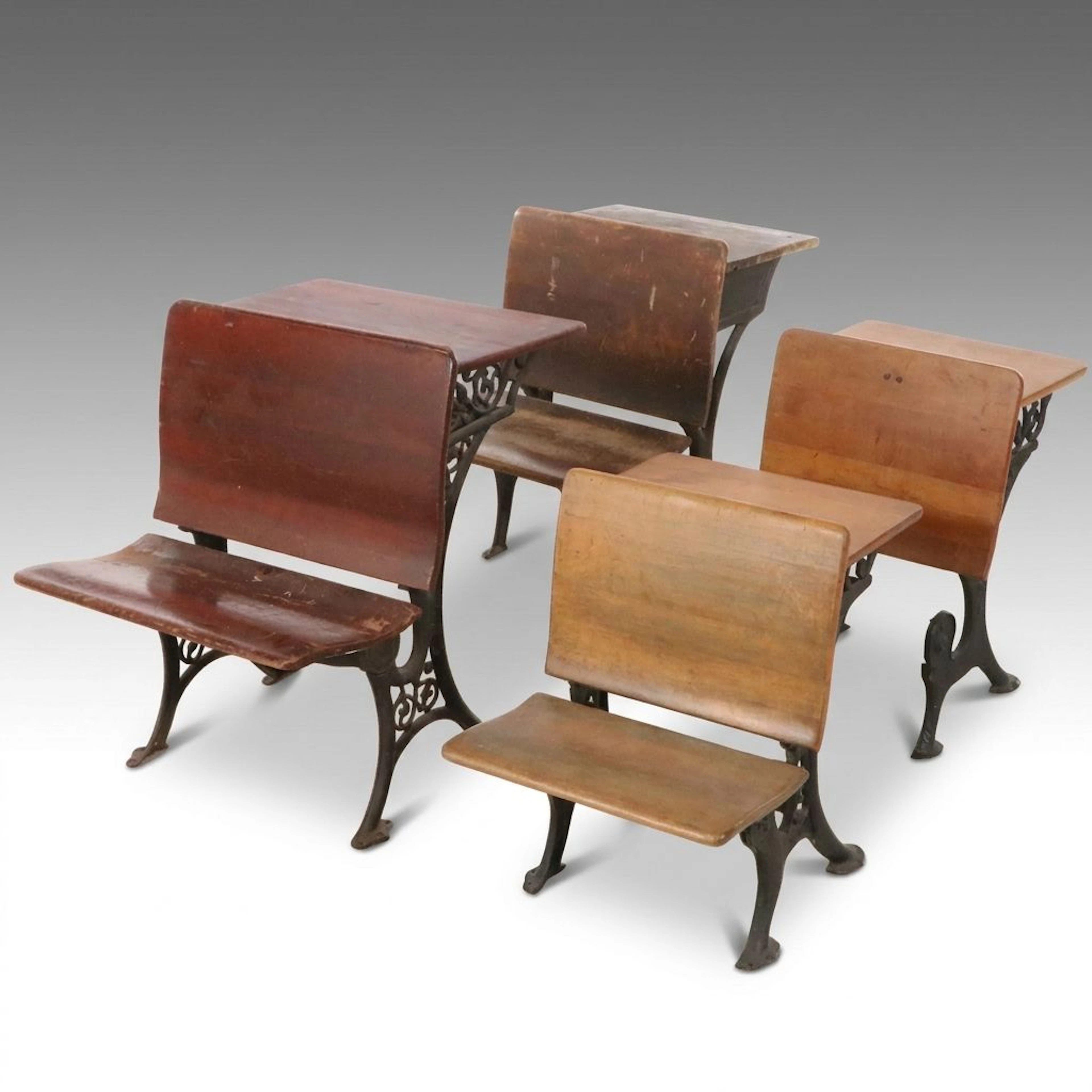 Victorian Cast Iron and Oak School Desks, Late 19th to Early 20th Century