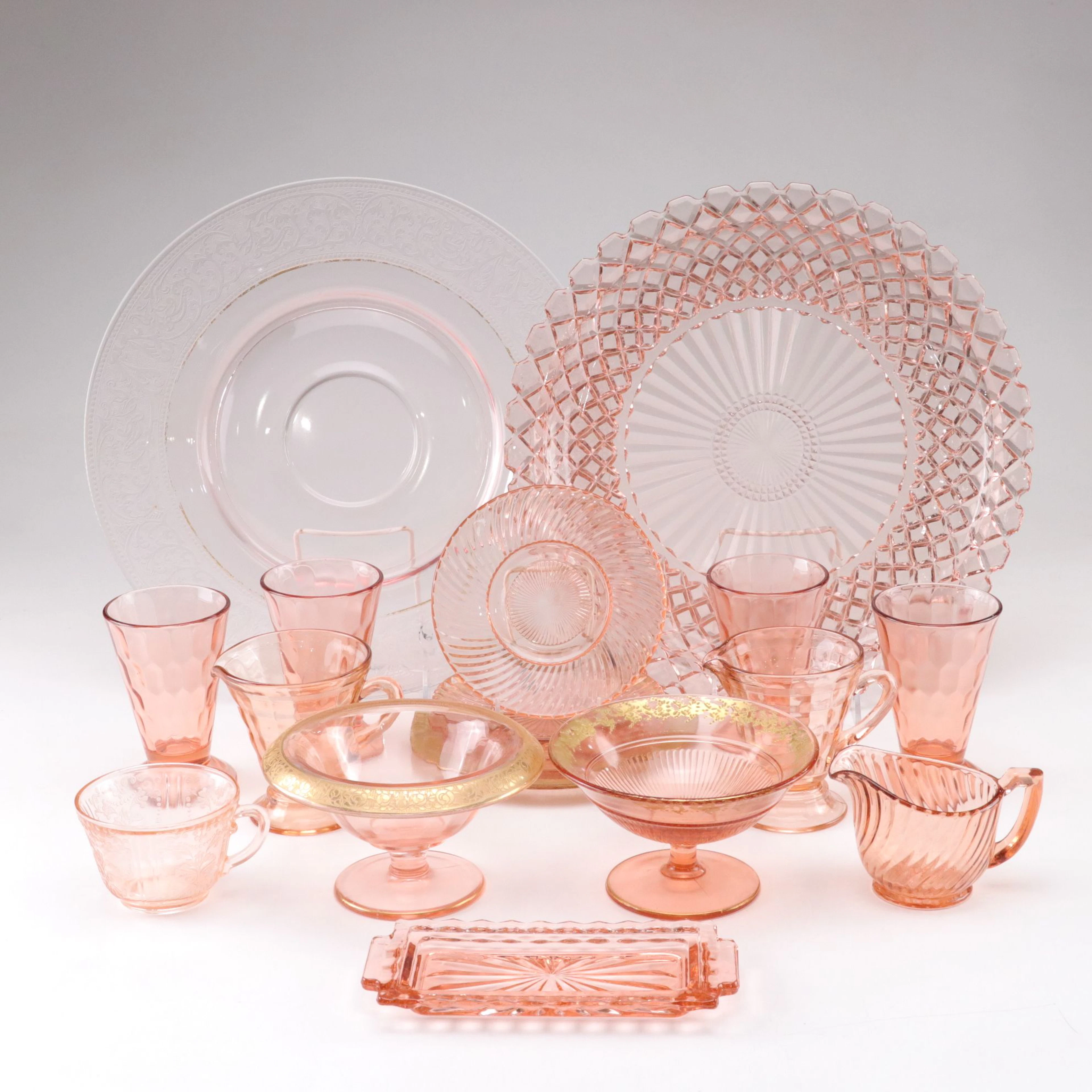 "Waffle," "Block Optic," "Diana," & More Pink Depression Glass, Mid-20th