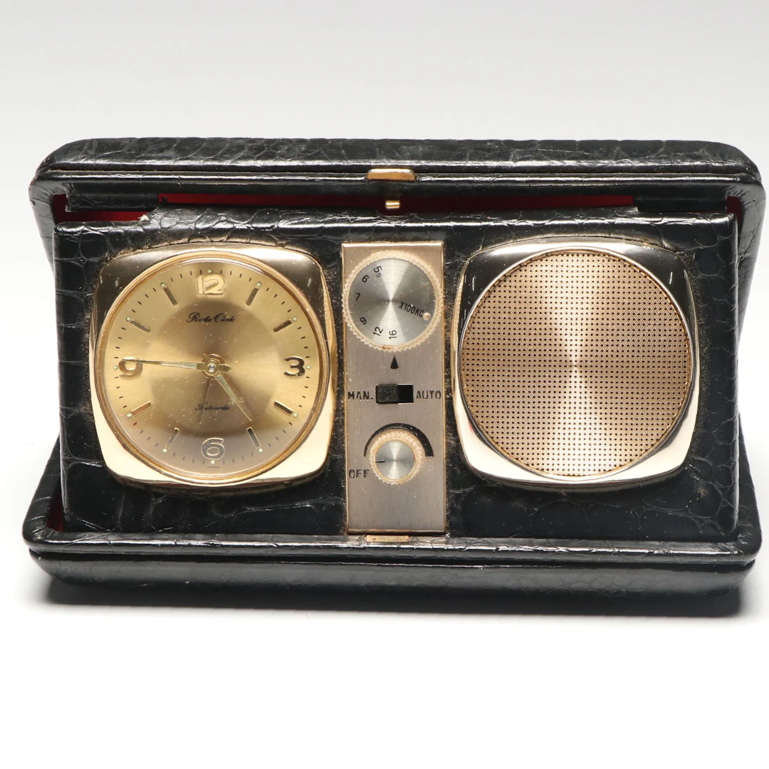 Portable Radio Alarm Clock with Faux Crocodole Case, Mid-20th Century
