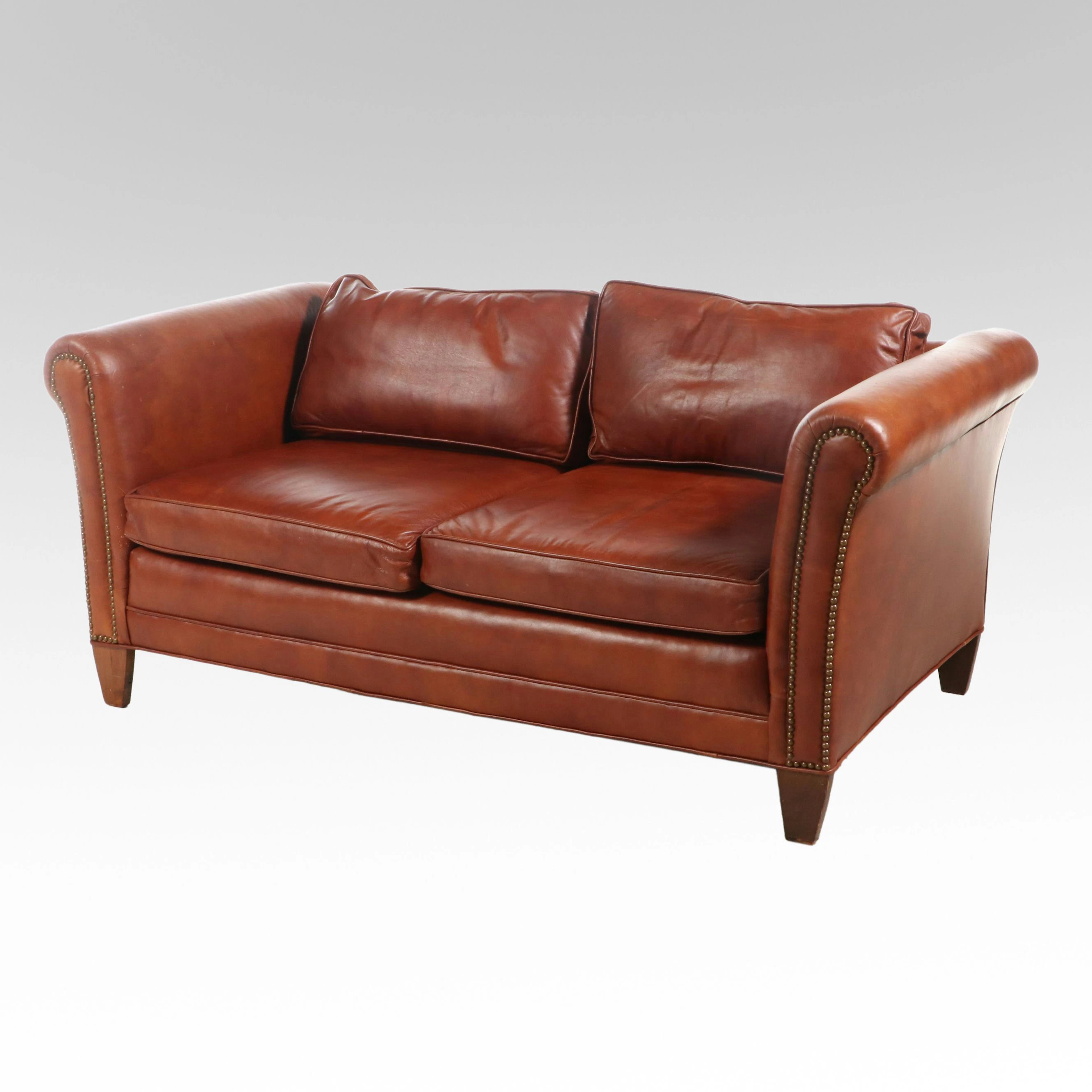 Brown Leather Loveseat with Nailhead Trim