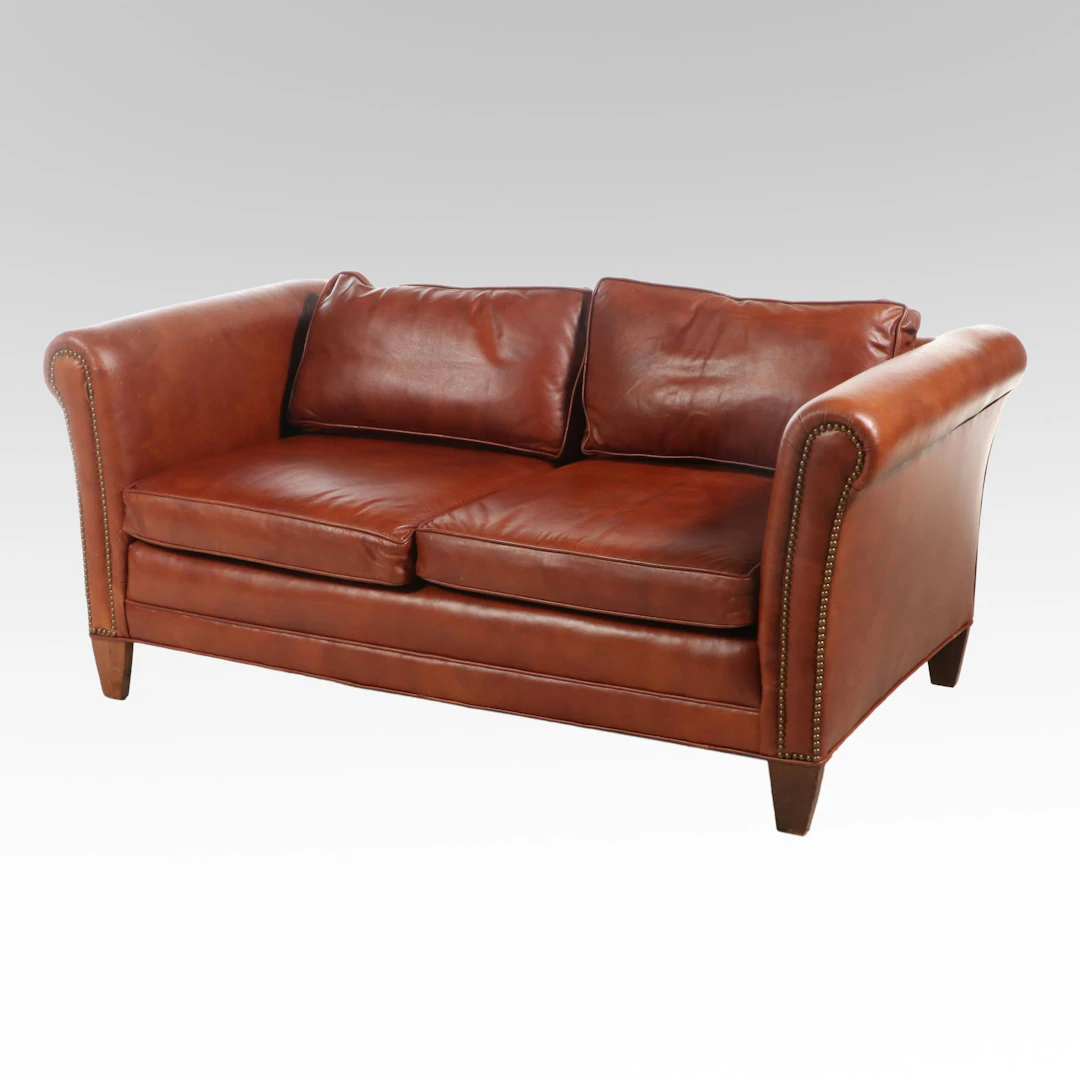 Brown Leather Loveseat with Nailhead Trim