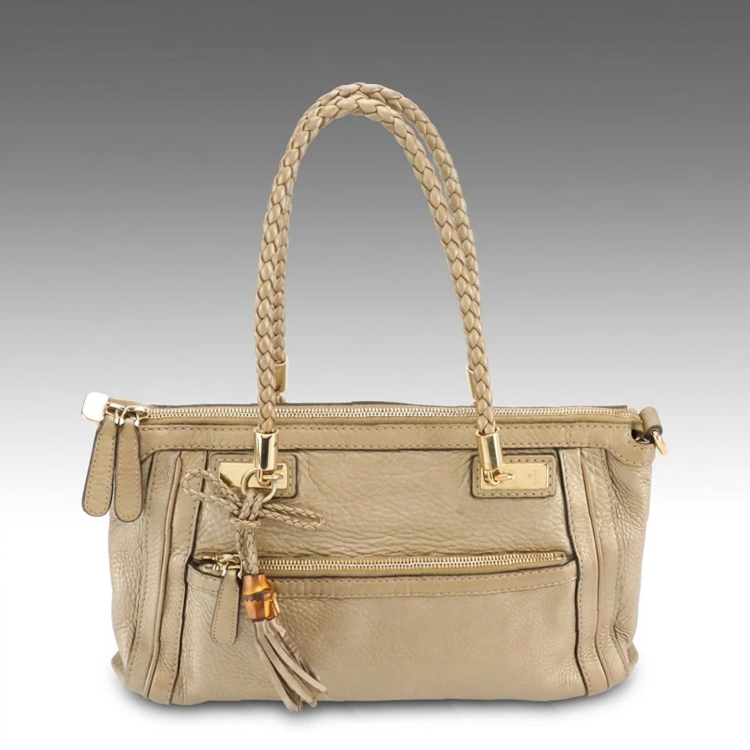 Gucci Bella Two-Way Bag in Metallic Grained Calfskin Leather W/ Bamboo Accent