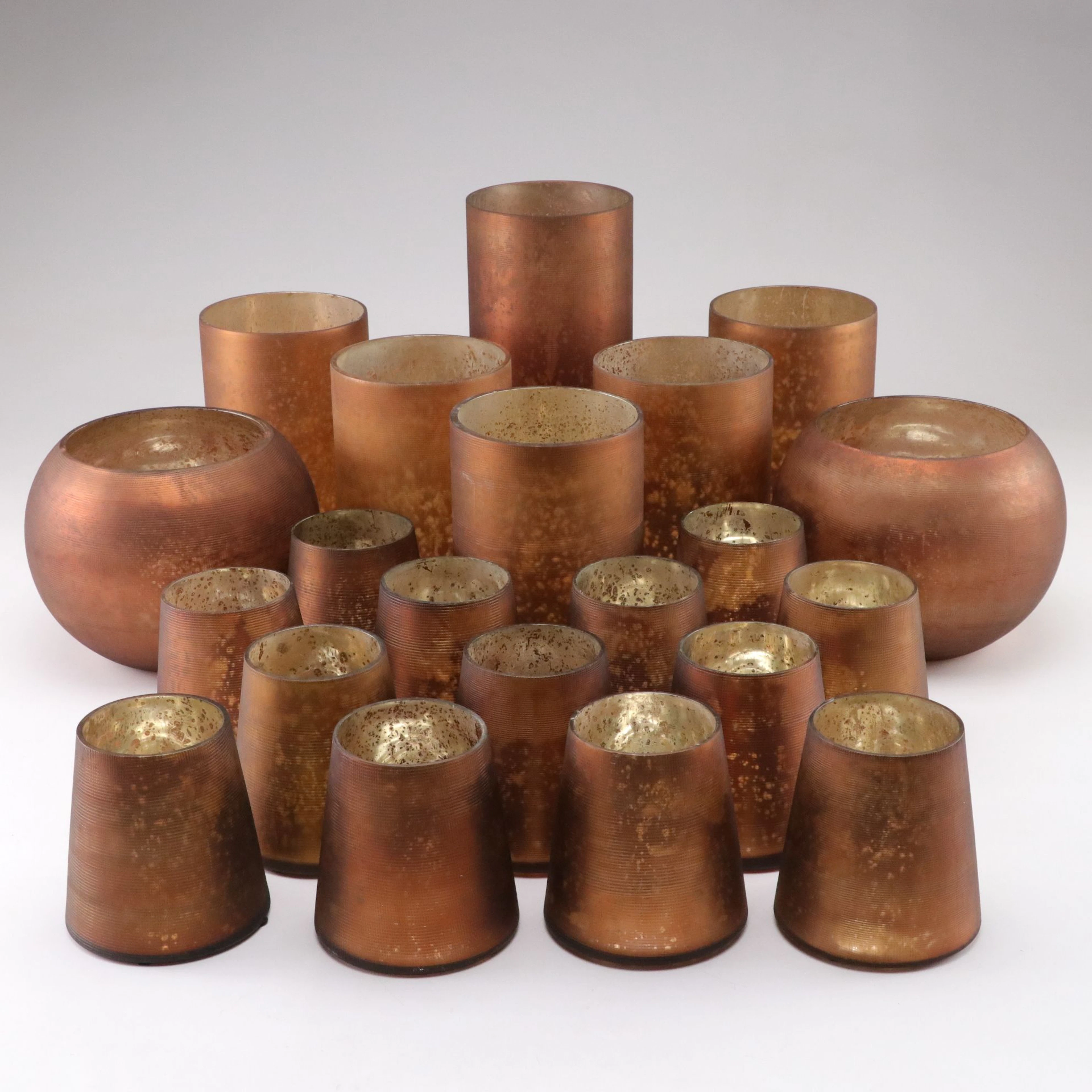 West Elm Crosshatched Mercury Glass Candle Holders and Vases with Copper Finish