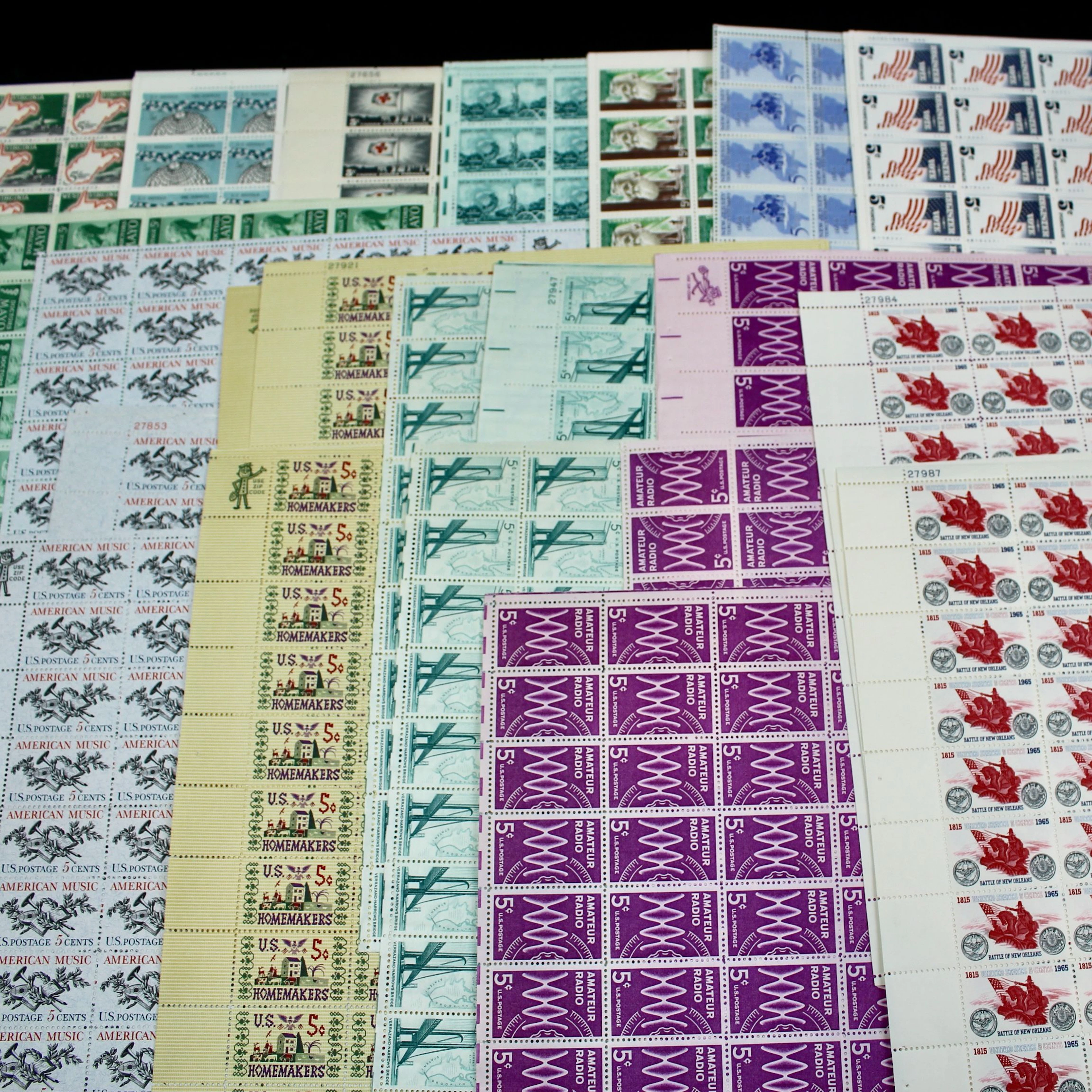 Seventy U.S. 5-Cent Postage Stamp Sheets, 1960s