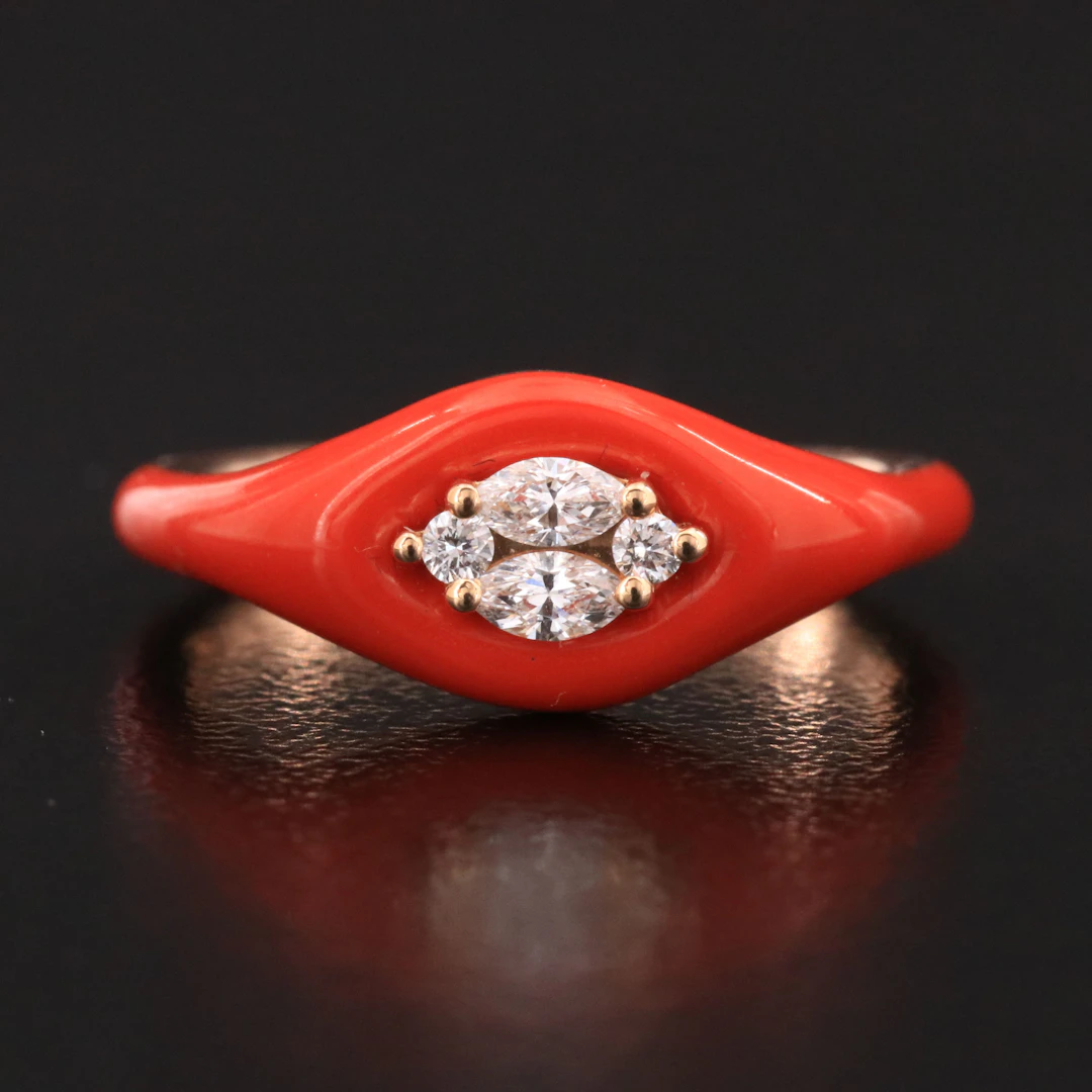 18K Rose Gold Orange Enamel and Diamond Ring